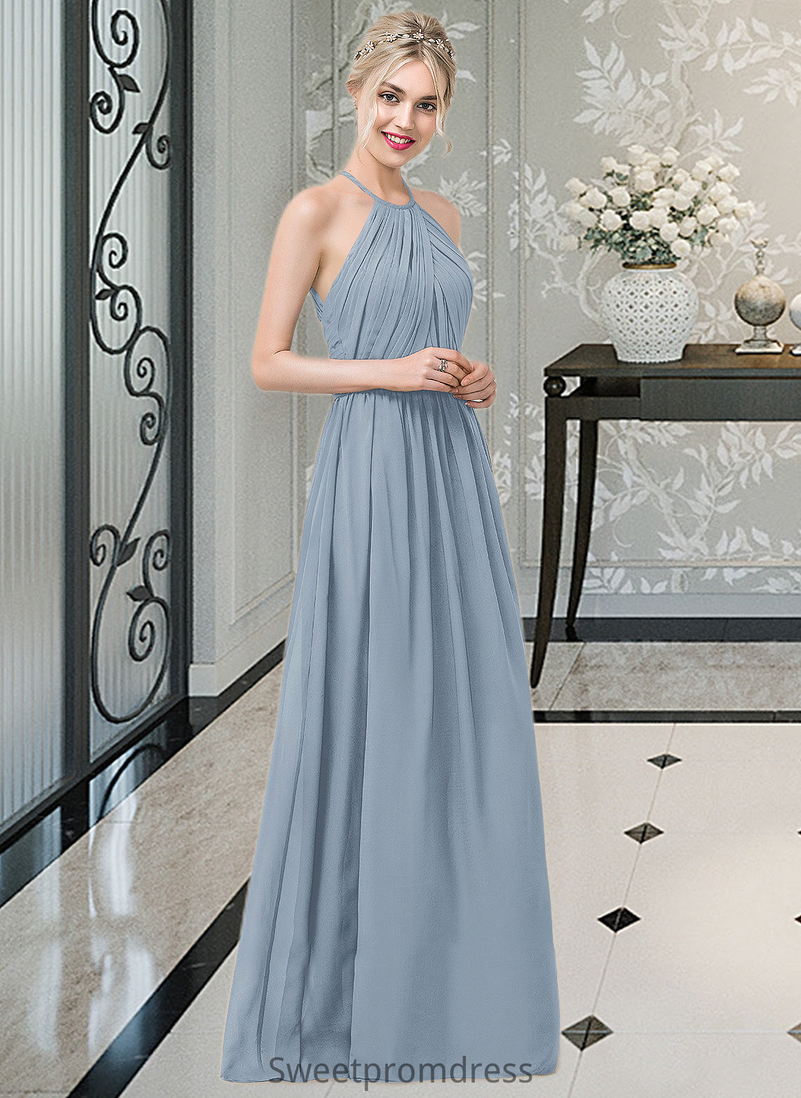 Damaris A-Line Scoop Neck Floor-Length Chiffon Bridesmaid Dress With Ruffle DHP0012989