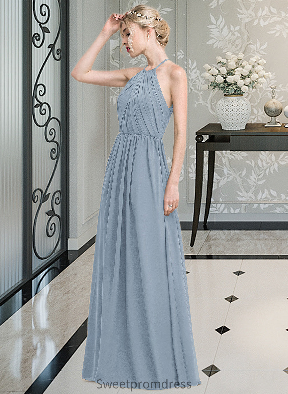 Damaris A-Line Scoop Neck Floor-Length Chiffon Bridesmaid Dress With Ruffle DHP0012989