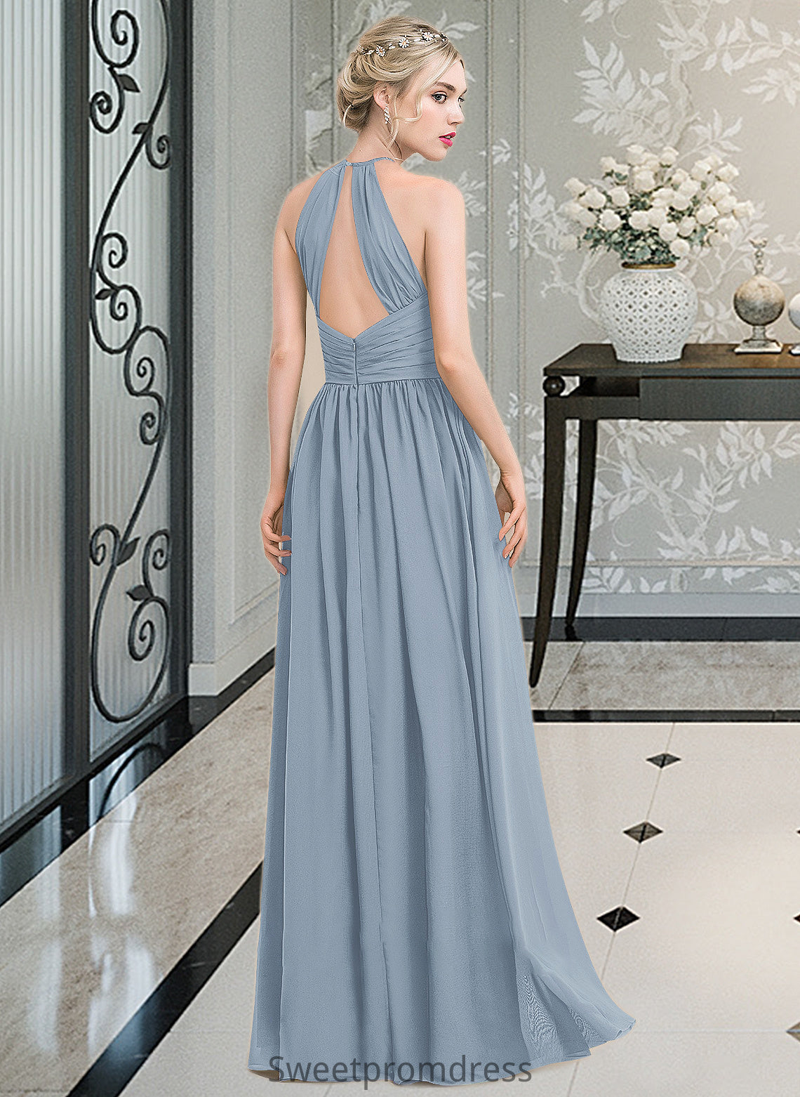 Damaris A-Line Scoop Neck Floor-Length Chiffon Bridesmaid Dress With Ruffle DHP0012989