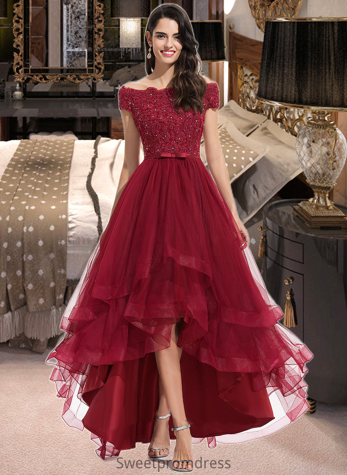 Pearl Ball-Gown/Princess Off-the-Shoulder Asymmetrical Tulle Bridesmaid Dress With Beading Sequins Bow(s) DHP0012991