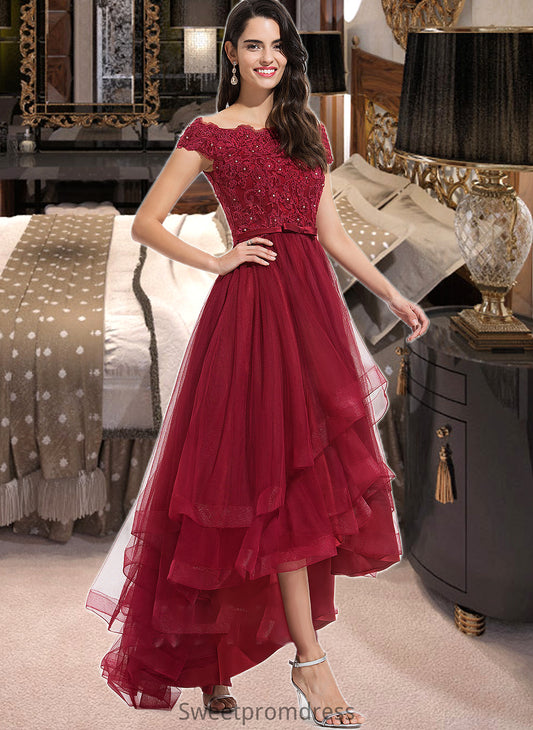 Pearl Ball-Gown/Princess Off-the-Shoulder Asymmetrical Tulle Bridesmaid Dress With Beading Sequins Bow(s) DHP0012991