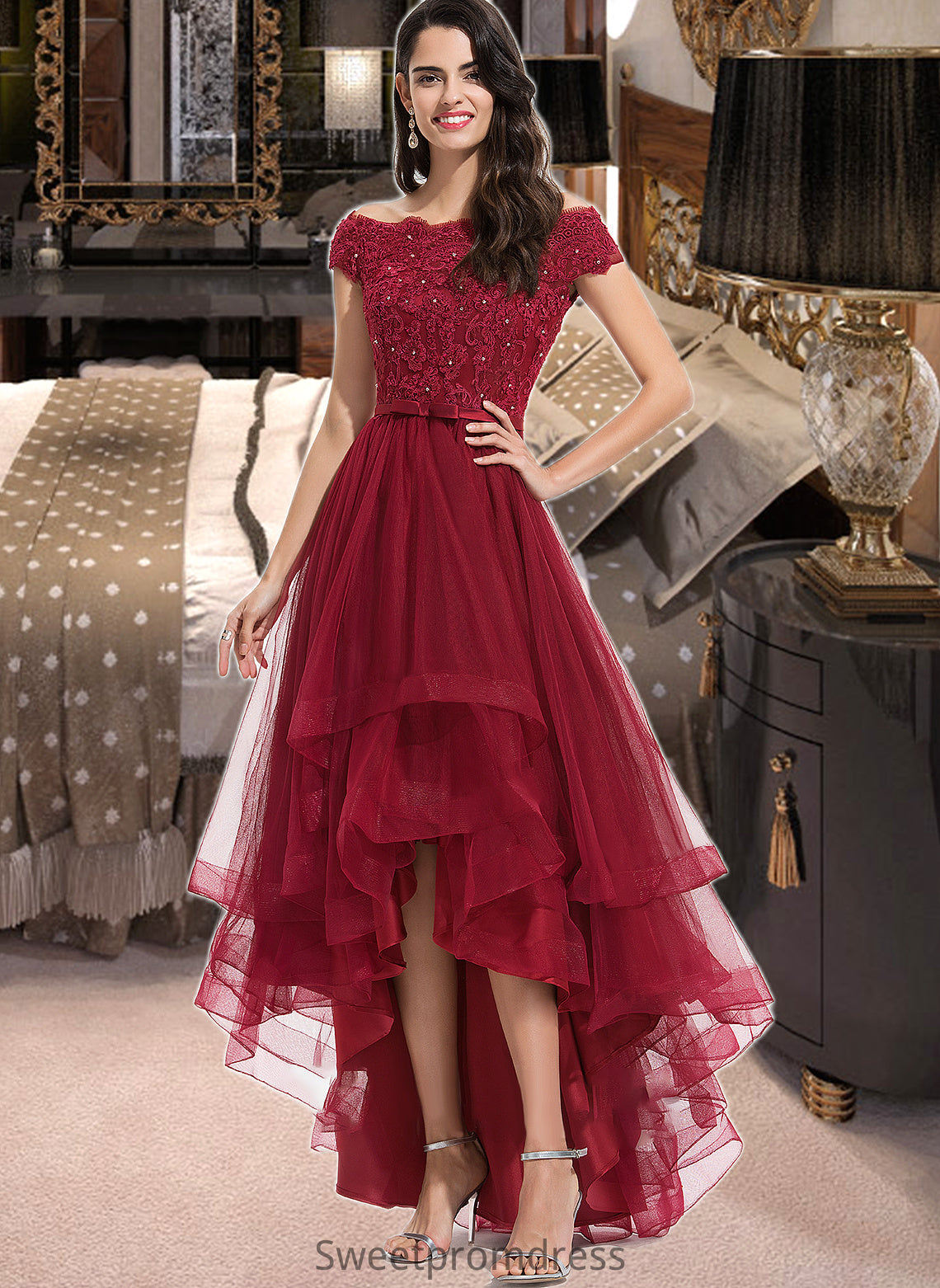 Pearl Ball-Gown/Princess Off-the-Shoulder Asymmetrical Tulle Bridesmaid Dress With Beading Sequins Bow(s) DHP0012991