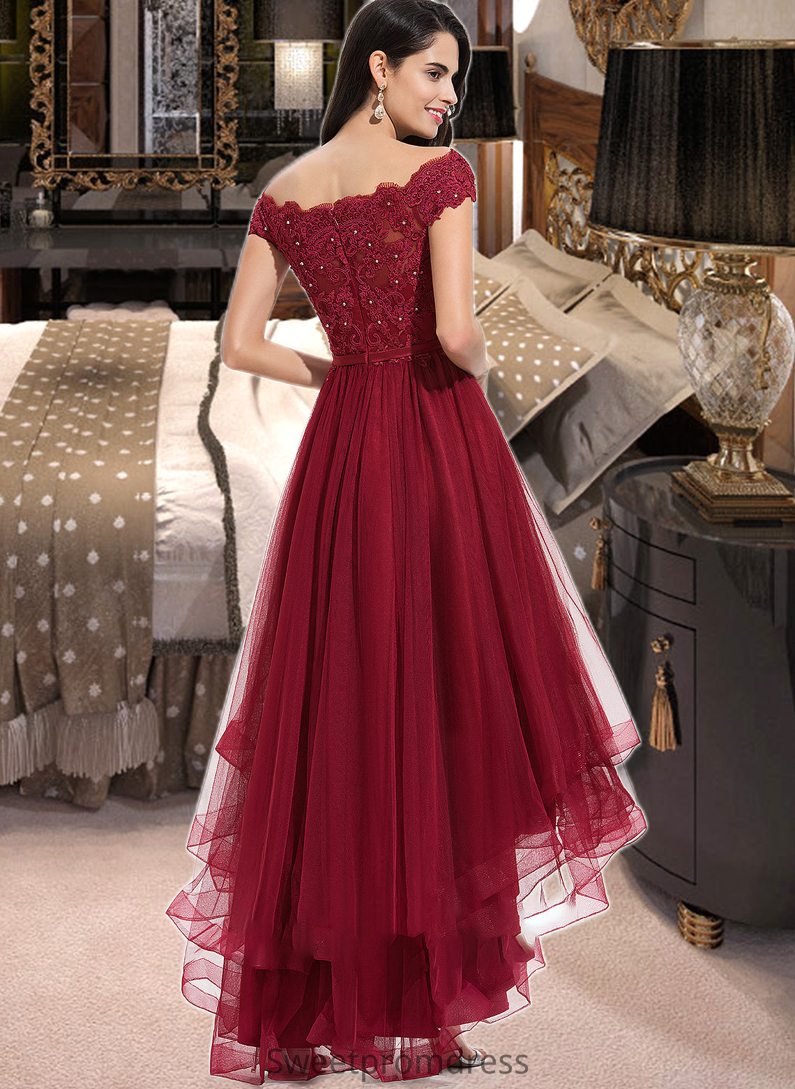 Pearl Ball-Gown/Princess Off-the-Shoulder Asymmetrical Tulle Bridesmaid Dress With Beading Sequins Bow(s) DHP0012991