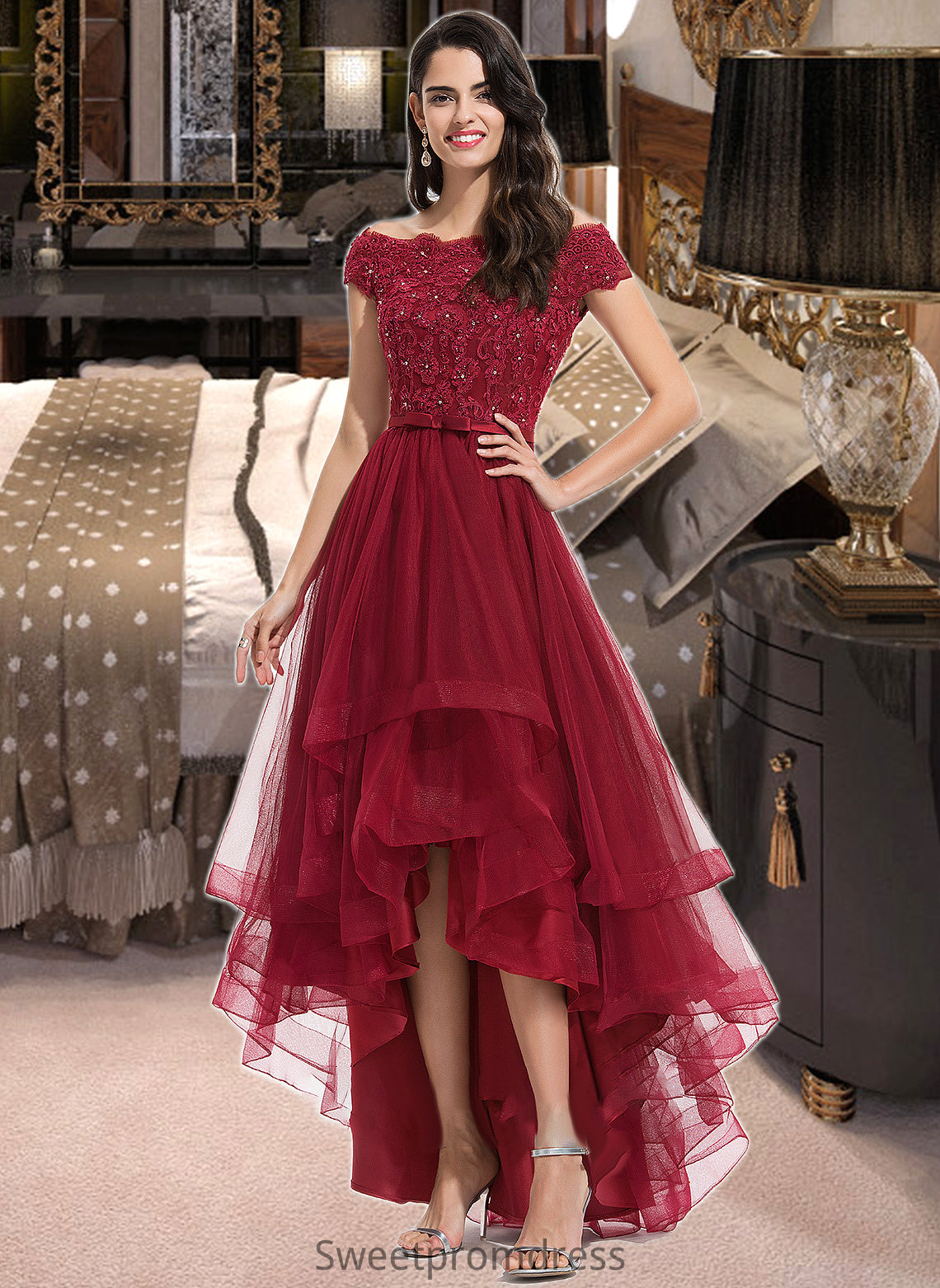 Pearl Ball-Gown/Princess Off-the-Shoulder Asymmetrical Tulle Bridesmaid Dress With Beading Sequins Bow(s) DHP0012991