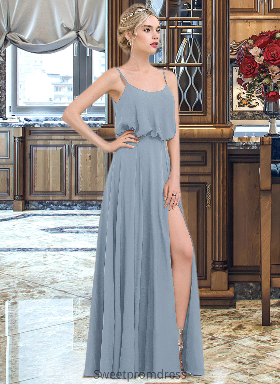 Arianna A-Line Square Neckline Floor-Length Chiffon Bridesmaid Dress With Split Front DHP0012992