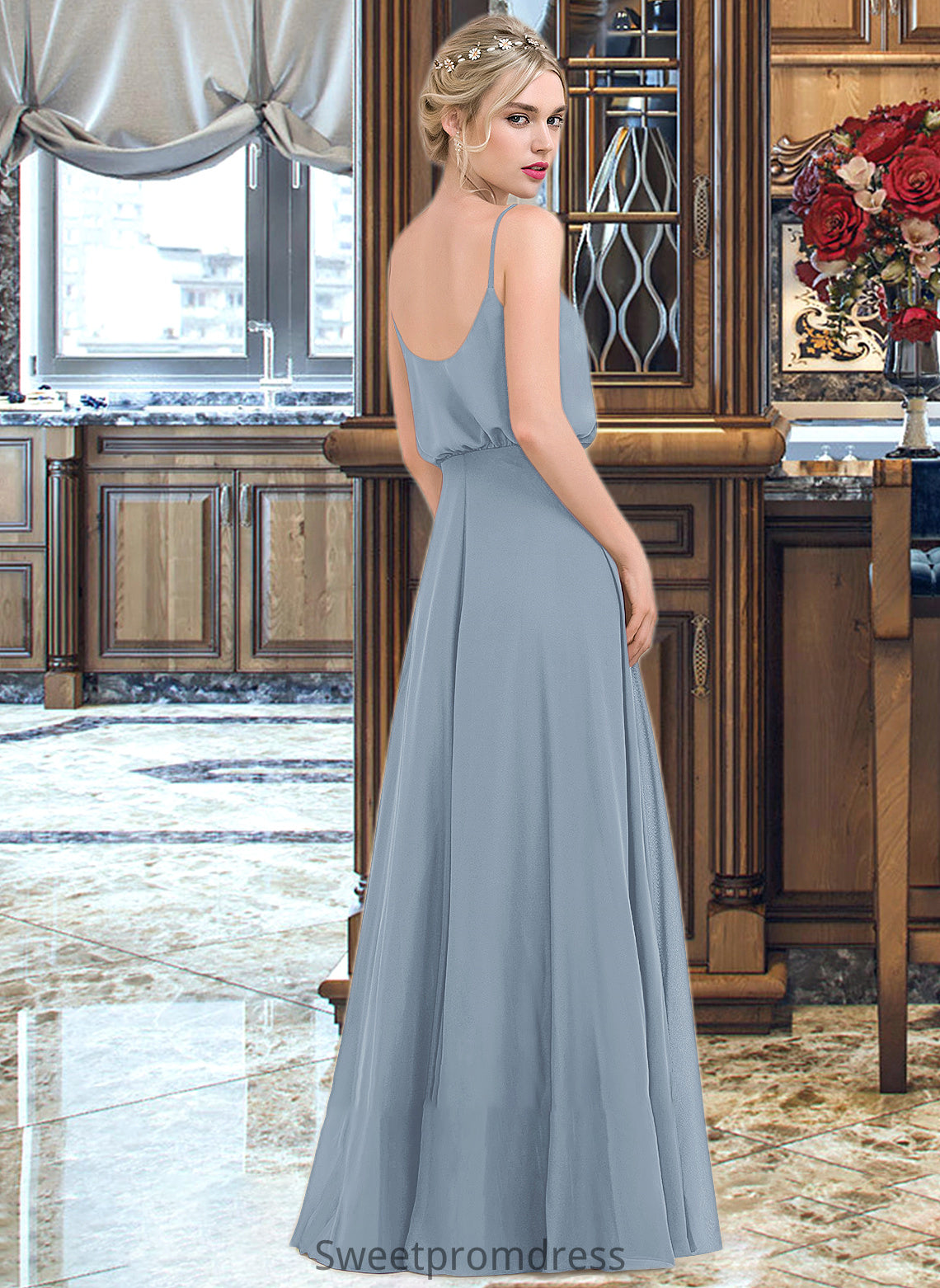 Arianna A-Line Square Neckline Floor-Length Chiffon Bridesmaid Dress With Split Front DHP0012992