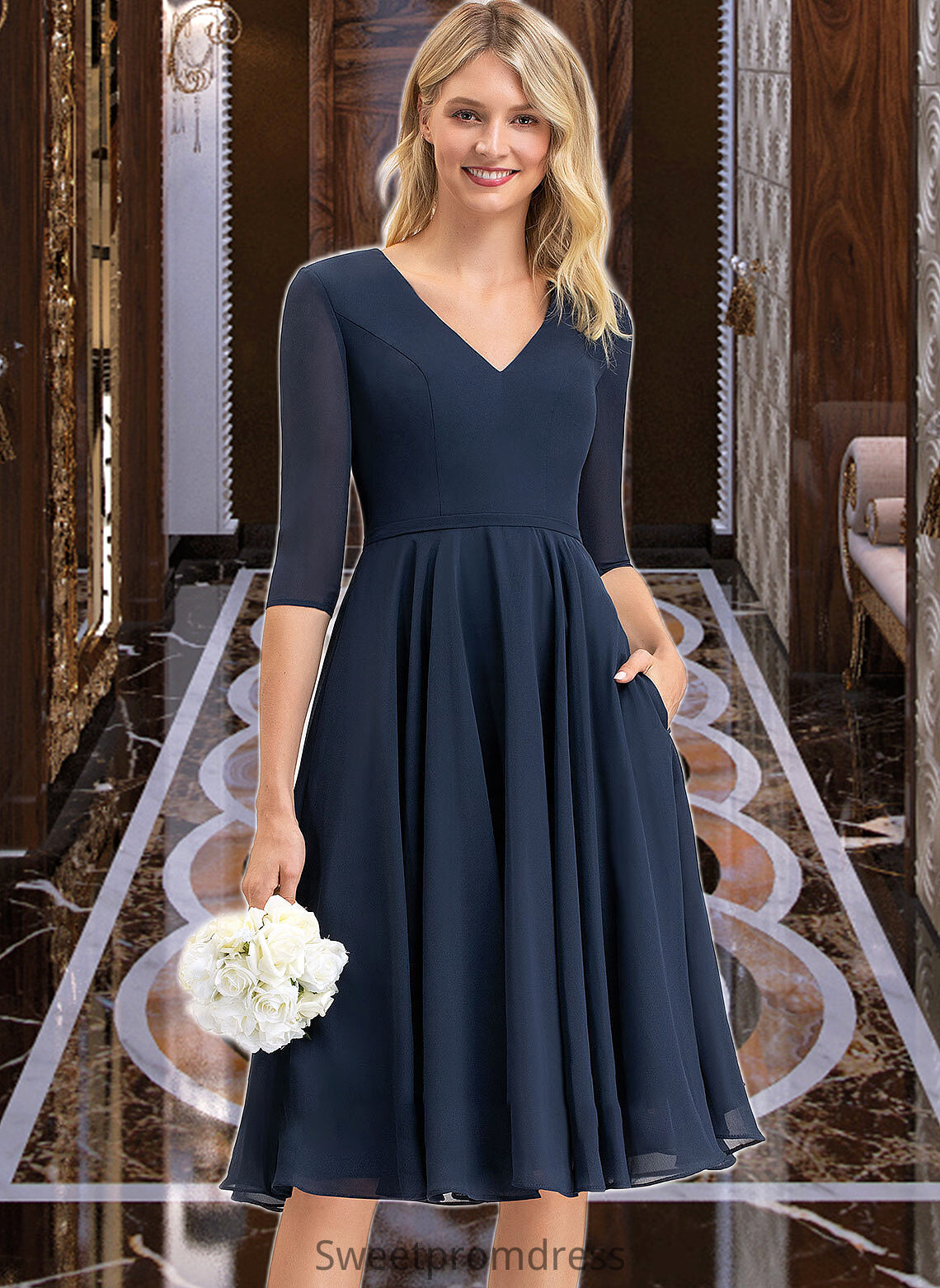 Jordyn A-Line V-neck Knee-Length Chiffon Bridesmaid Dress With Pockets DHP0012994