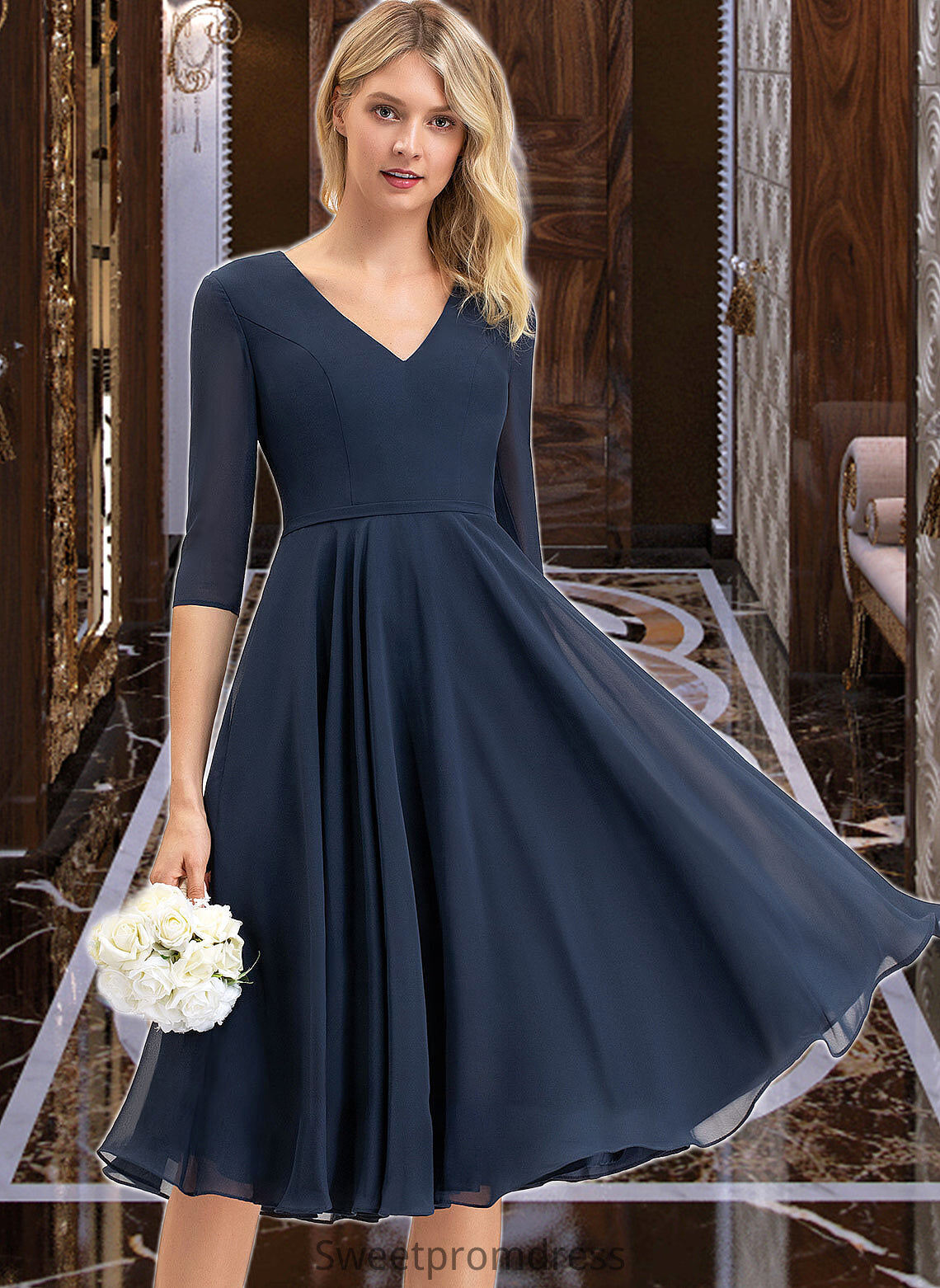 Jordyn A-Line V-neck Knee-Length Chiffon Bridesmaid Dress With Pockets DHP0012994