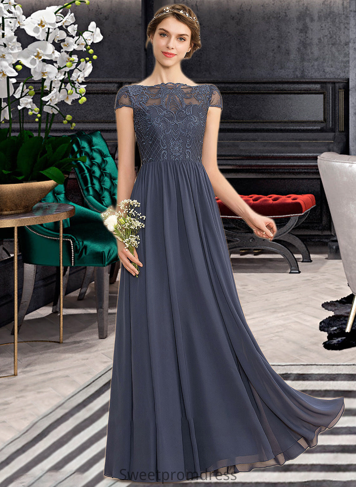 Averi A-Line Scoop Neck Floor-Length Chiffon Lace Bridesmaid Dress DHP0012995