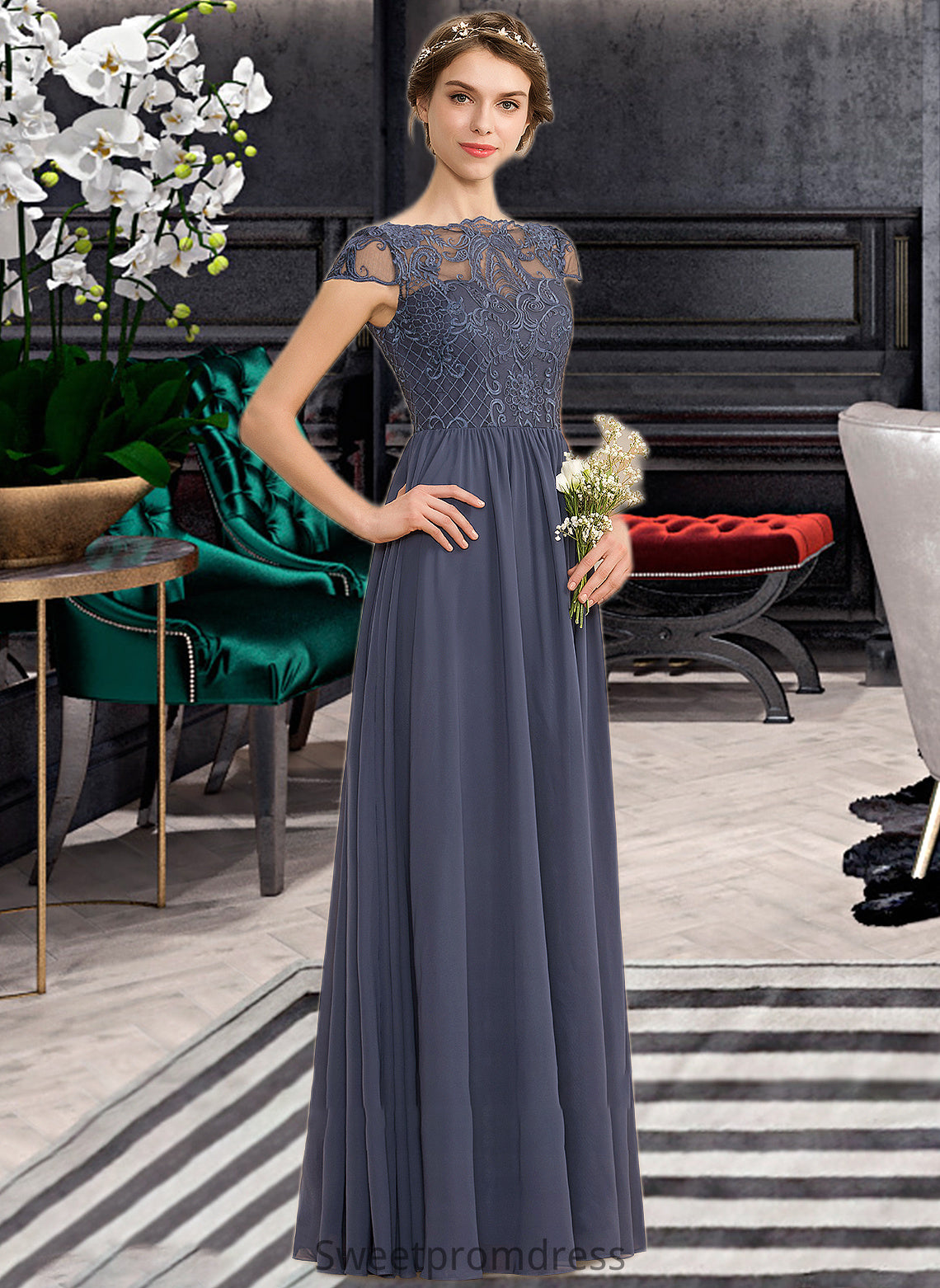 Averi A-Line Scoop Neck Floor-Length Chiffon Lace Bridesmaid Dress DHP0012995