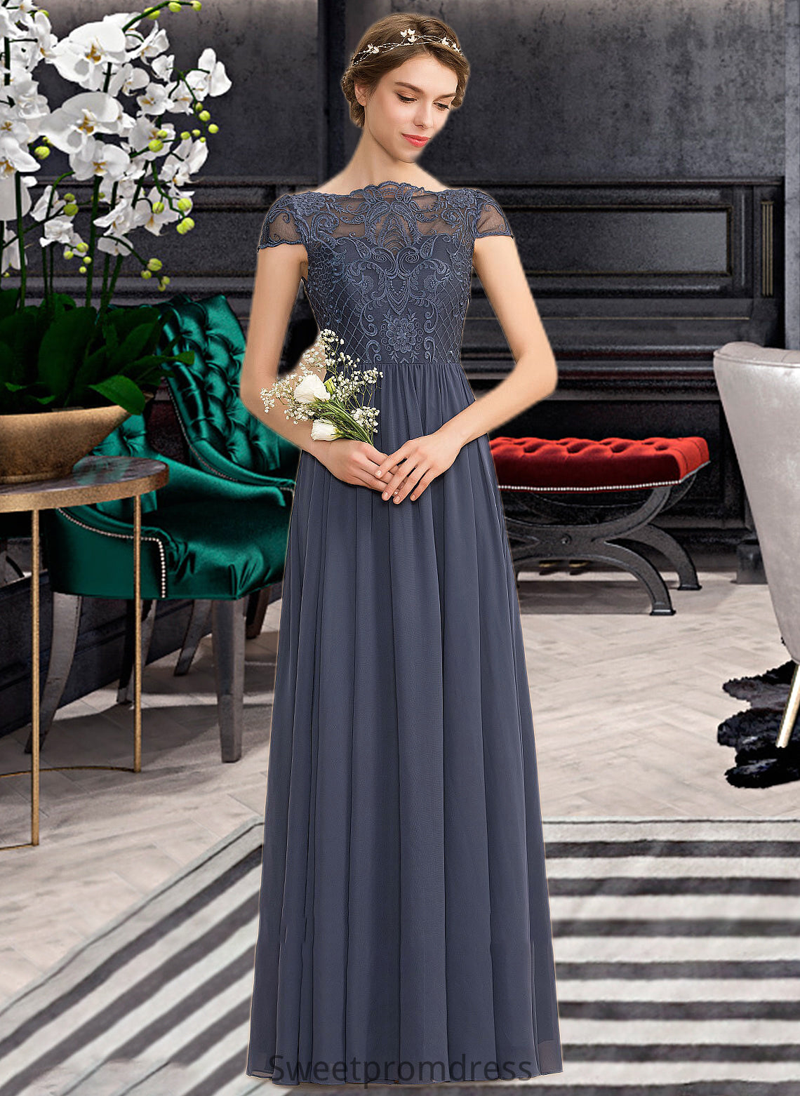 Averi A-Line Scoop Neck Floor-Length Chiffon Lace Bridesmaid Dress DHP0012995