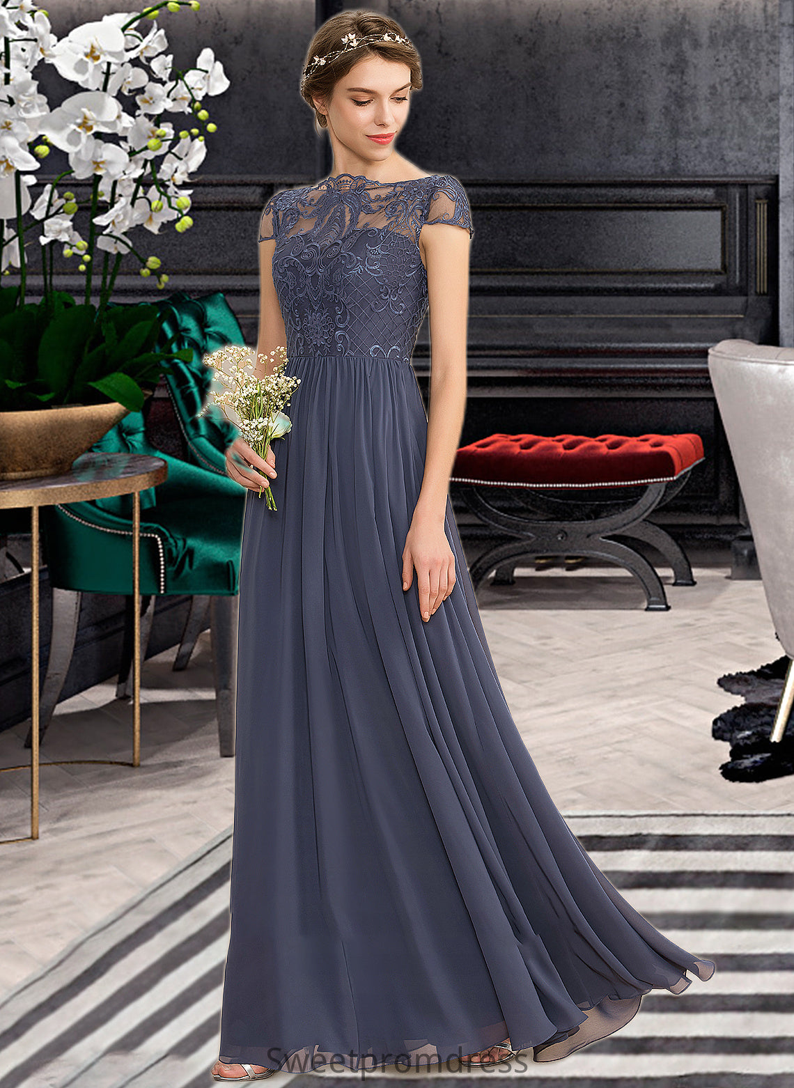 Averi A-Line Scoop Neck Floor-Length Chiffon Lace Bridesmaid Dress DHP0012995