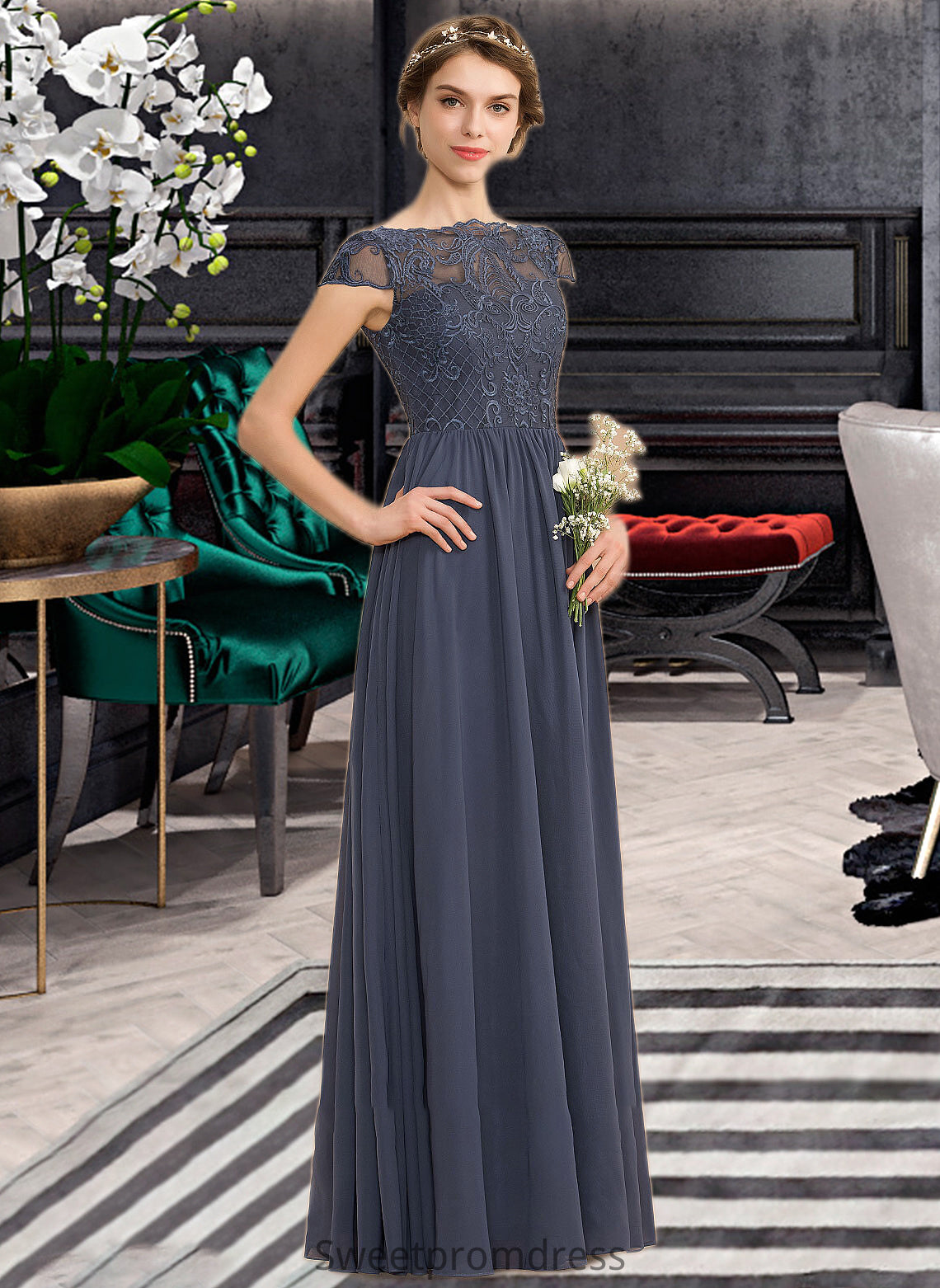 Averi A-Line Scoop Neck Floor-Length Chiffon Lace Bridesmaid Dress DHP0012995