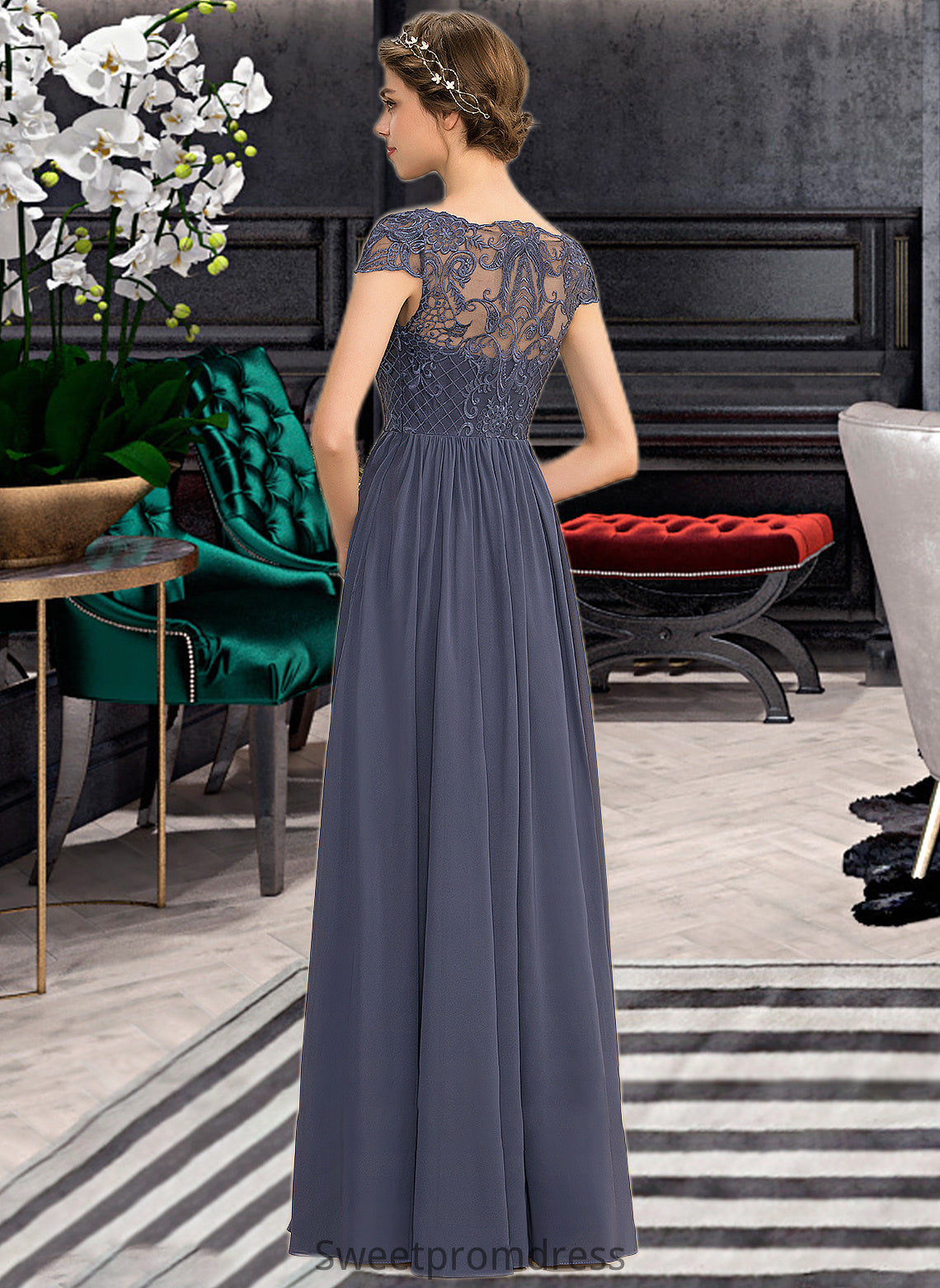 Averi A-Line Scoop Neck Floor-Length Chiffon Lace Bridesmaid Dress DHP0012995