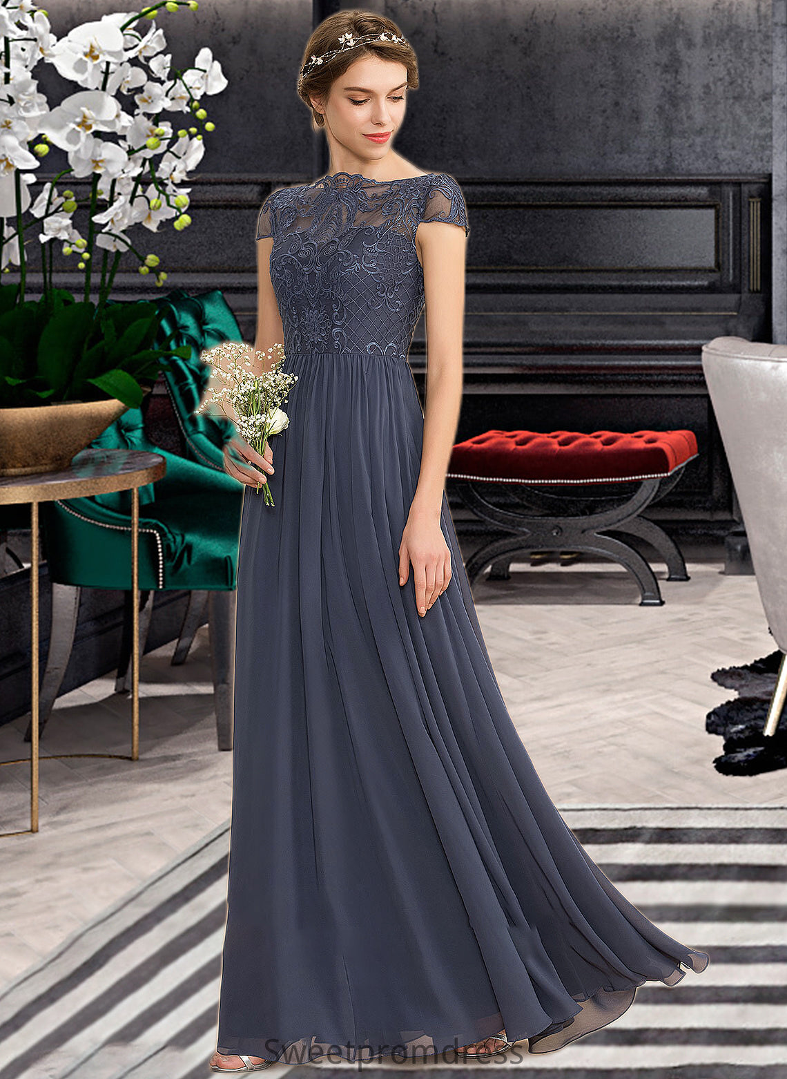 Averi A-Line Scoop Neck Floor-Length Chiffon Lace Bridesmaid Dress DHP0012995