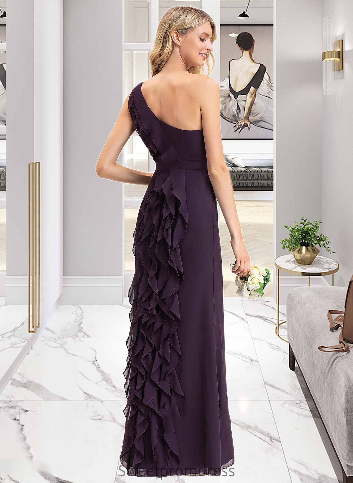 Valentina A-Line One-Shoulder Floor-Length Chiffon Bridesmaid Dress With Split Front Cascading Ruffles DHP0012997