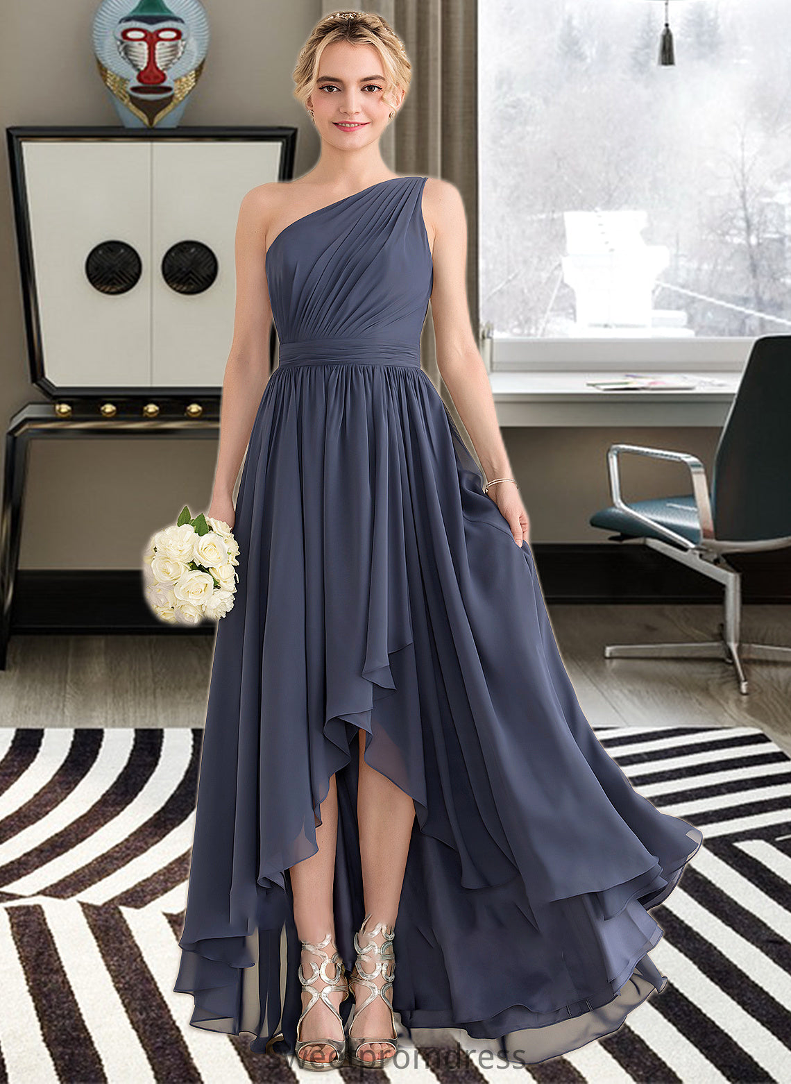 Dana A-line One Shoulder Asymmetrical Chiffon Bridesmaid Dress With Cascading Ruffles DHP0012998