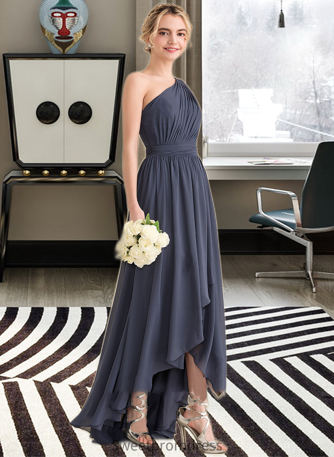 Dana A-line One Shoulder Asymmetrical Chiffon Bridesmaid Dress With Cascading Ruffles DHP0012998