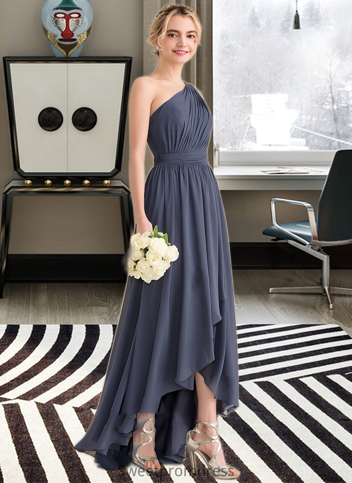 Dana A-line One Shoulder Asymmetrical Chiffon Bridesmaid Dress With Cascading Ruffles DHP0012998