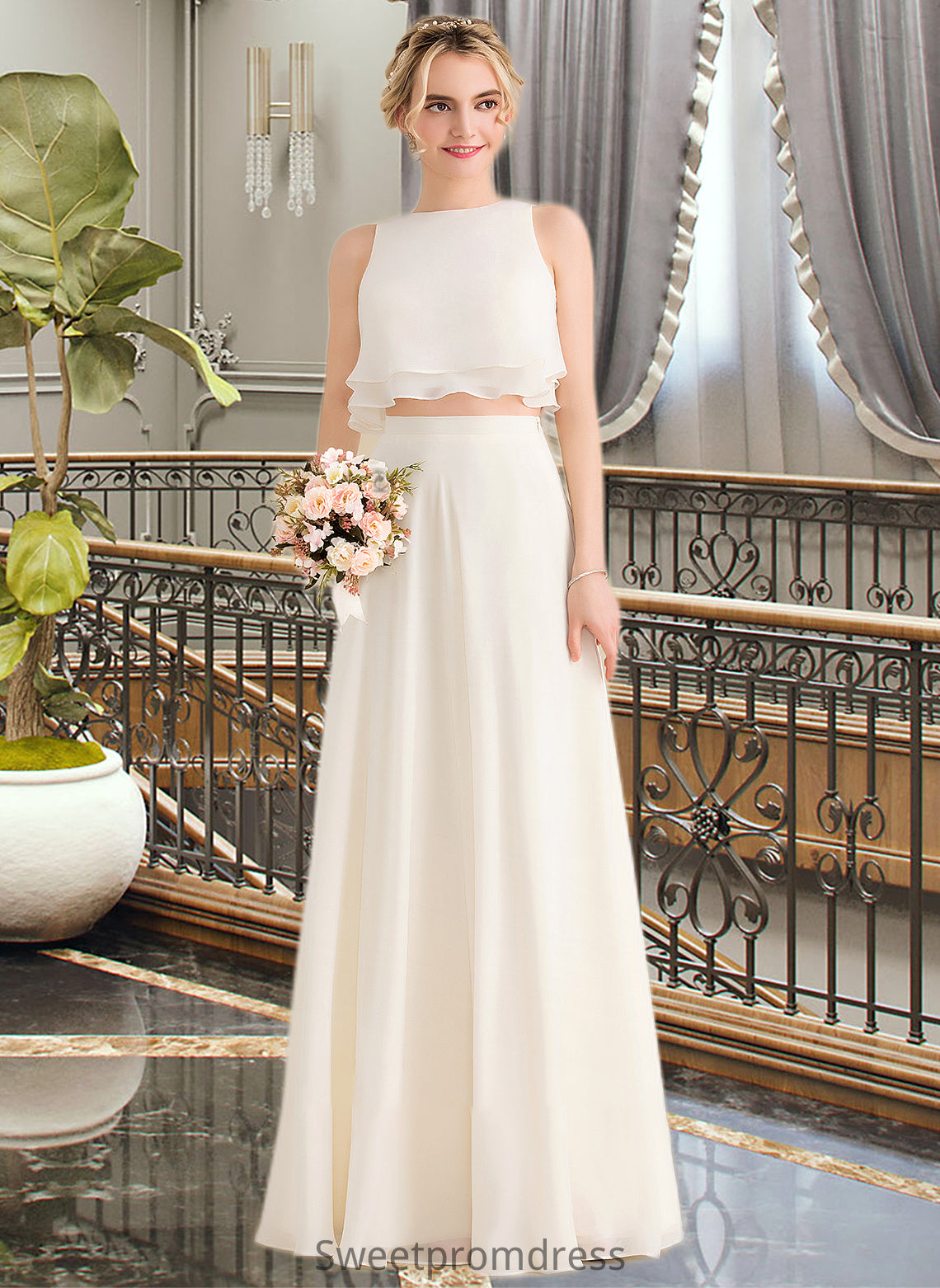 Leila A-Line Scoop Neck Floor-Length Chiffon Bridesmaid Dress With Cascading Ruffles DHP0012999