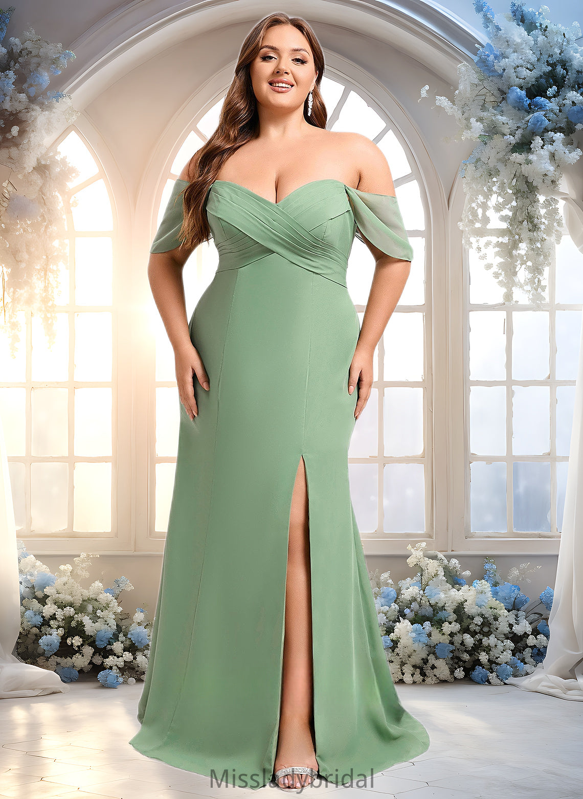 Joy Trumpet/Mermaid Off the Shoulder V-Neck Floor-Length Chiffon Bridesmaid Dress DHP0025810