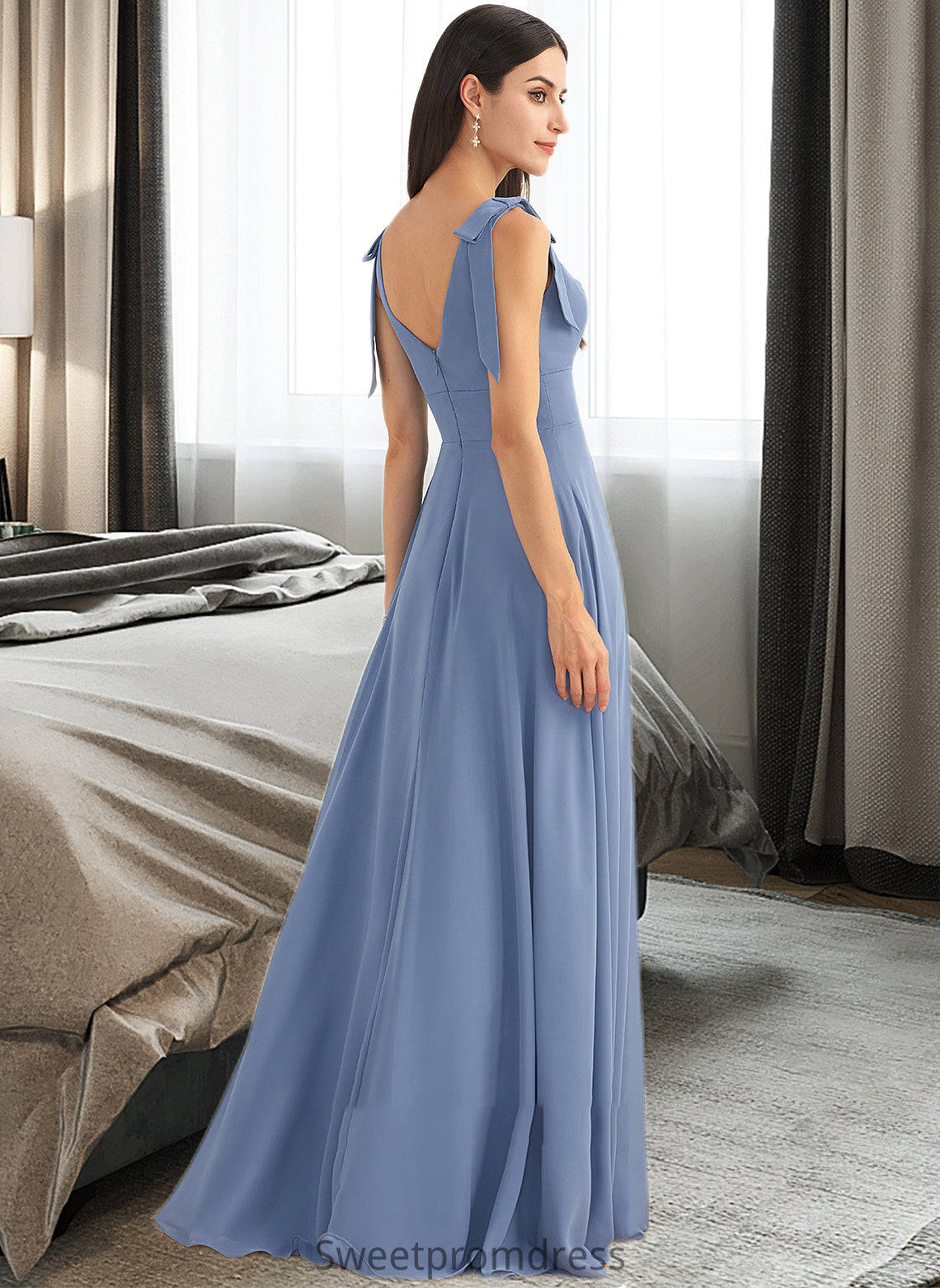 Claudia A-Line V-neck Floor-Length Bridesmaid Dress With Bow(s) Split Front DHP0013001