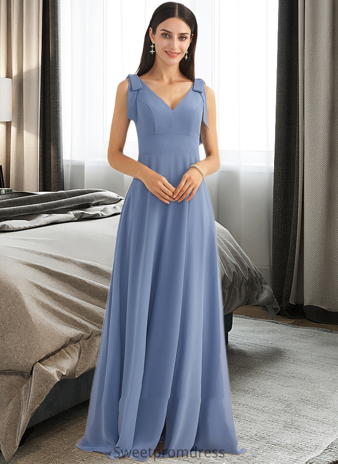 Claudia A-Line V-neck Floor-Length Bridesmaid Dress With Bow(s) Split Front DHP0013001