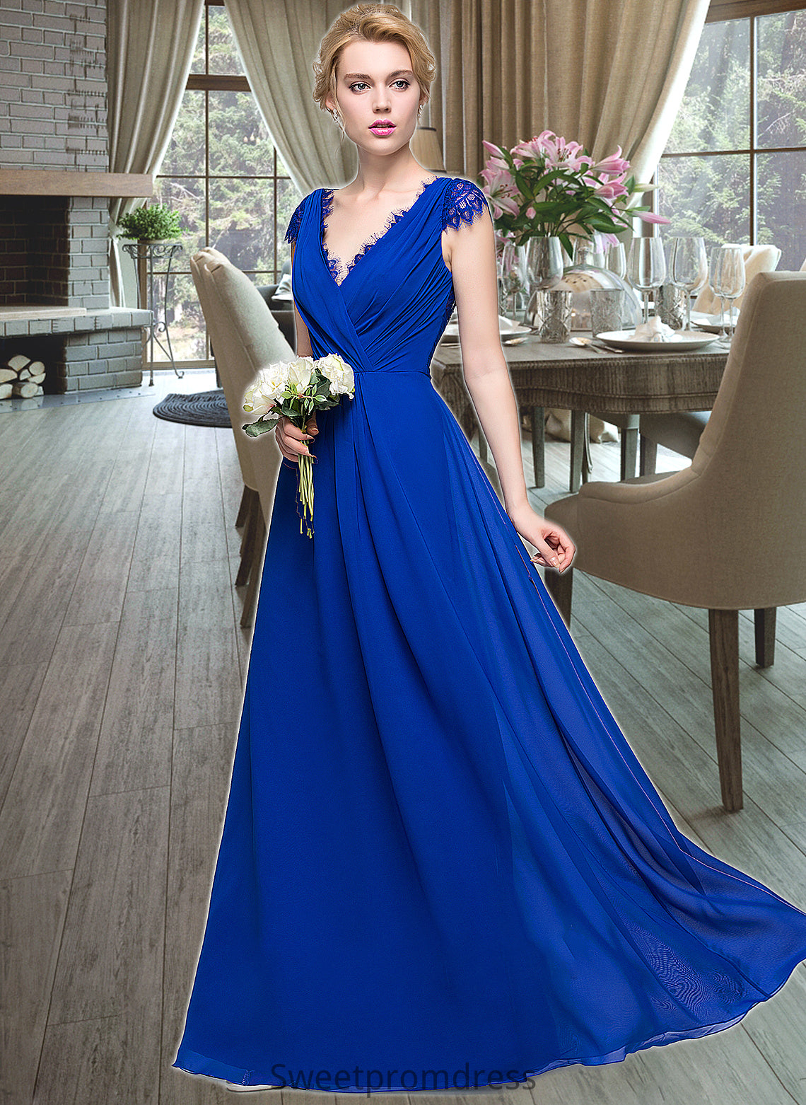 Amirah A-Line V-neck Floor-Length Chiffon Bridesmaid Dress With Ruffle DHP0013004