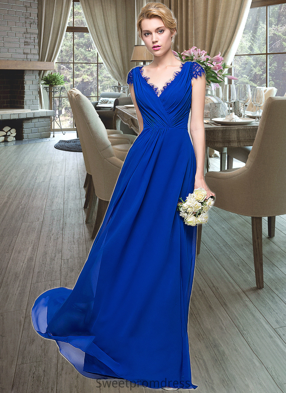 Amirah A-Line V-neck Floor-Length Chiffon Bridesmaid Dress With Ruffle DHP0013004