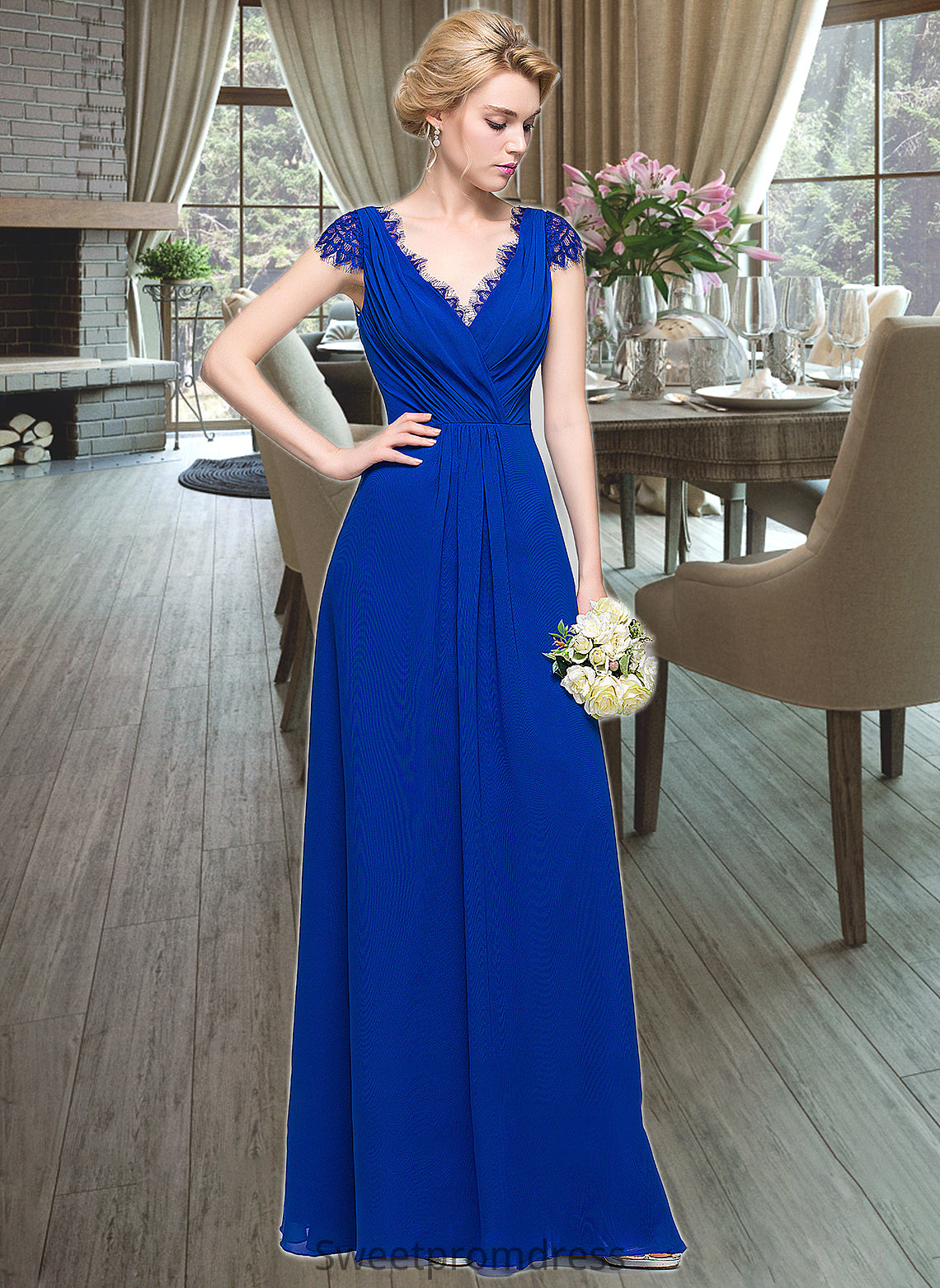 Amirah A-Line V-neck Floor-Length Chiffon Bridesmaid Dress With Ruffle DHP0013004