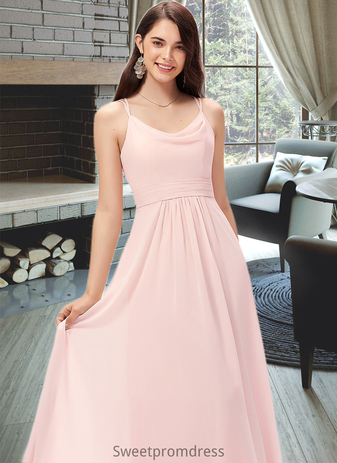 Destinee A-Line Cowl Neck Floor-Length Chiffon Bridesmaid Dress DHP0013005