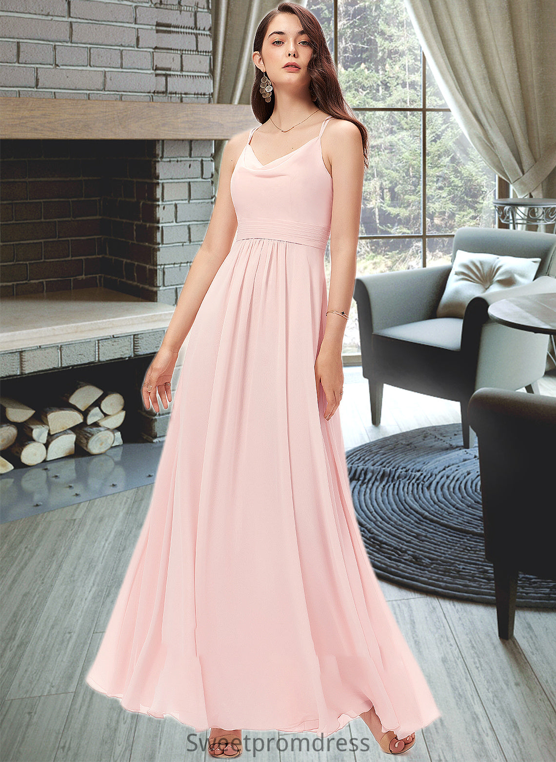 Destinee A-Line Cowl Neck Floor-Length Chiffon Bridesmaid Dress DHP0013005