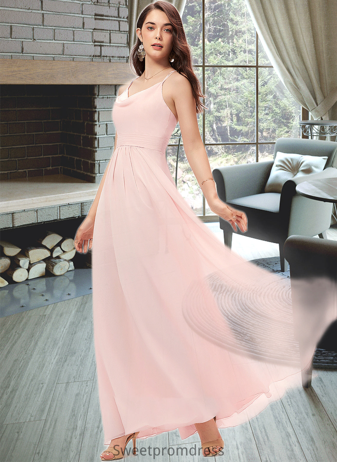 Destinee A-Line Cowl Neck Floor-Length Chiffon Bridesmaid Dress DHP0013005