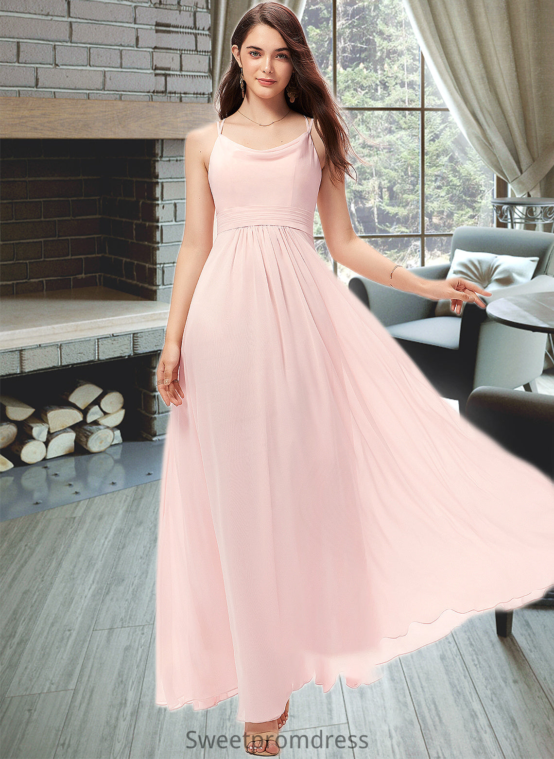 Destinee A-Line Cowl Neck Floor-Length Chiffon Bridesmaid Dress DHP0013005