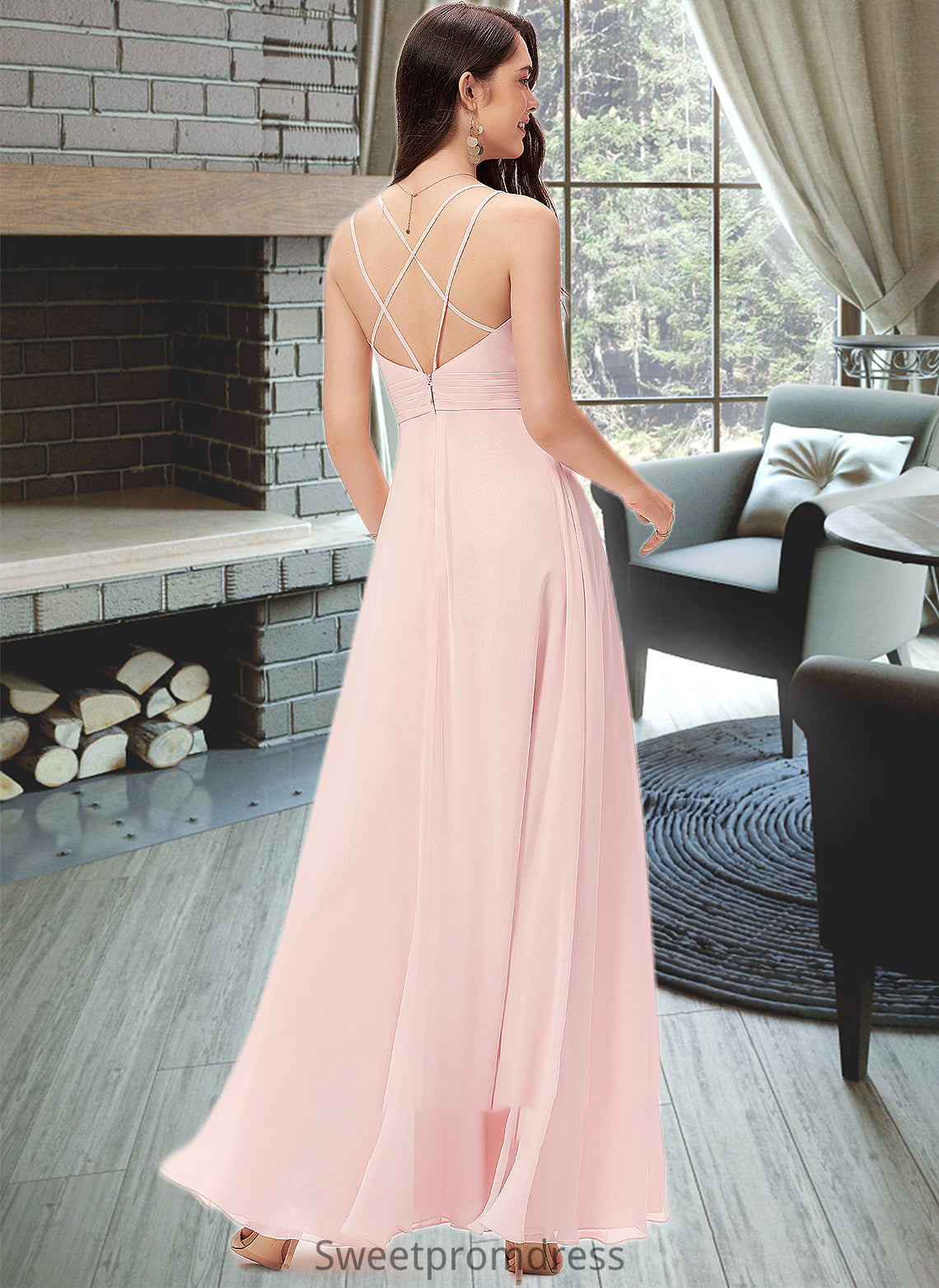 Destinee A-Line Cowl Neck Floor-Length Chiffon Bridesmaid Dress DHP0013005