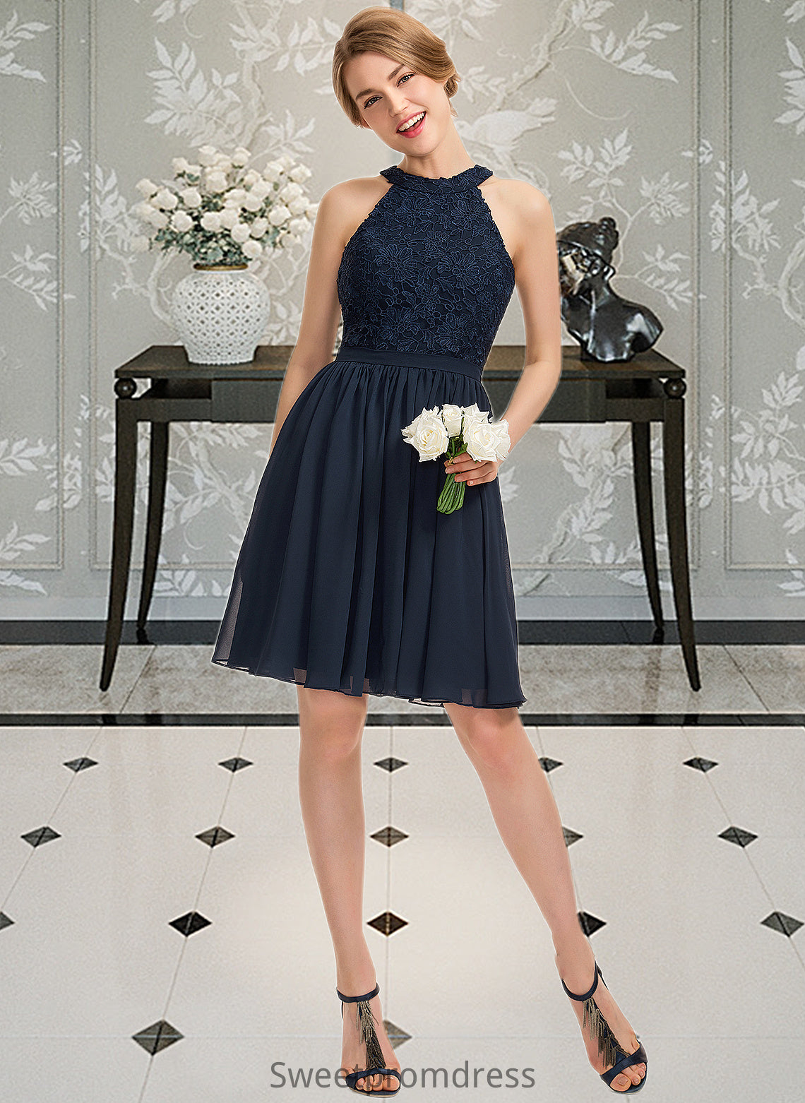 Estrella A-Line Scoop Neck Knee-Length Chiffon Lace Bridesmaid Dress With Ruffle DHP0013006