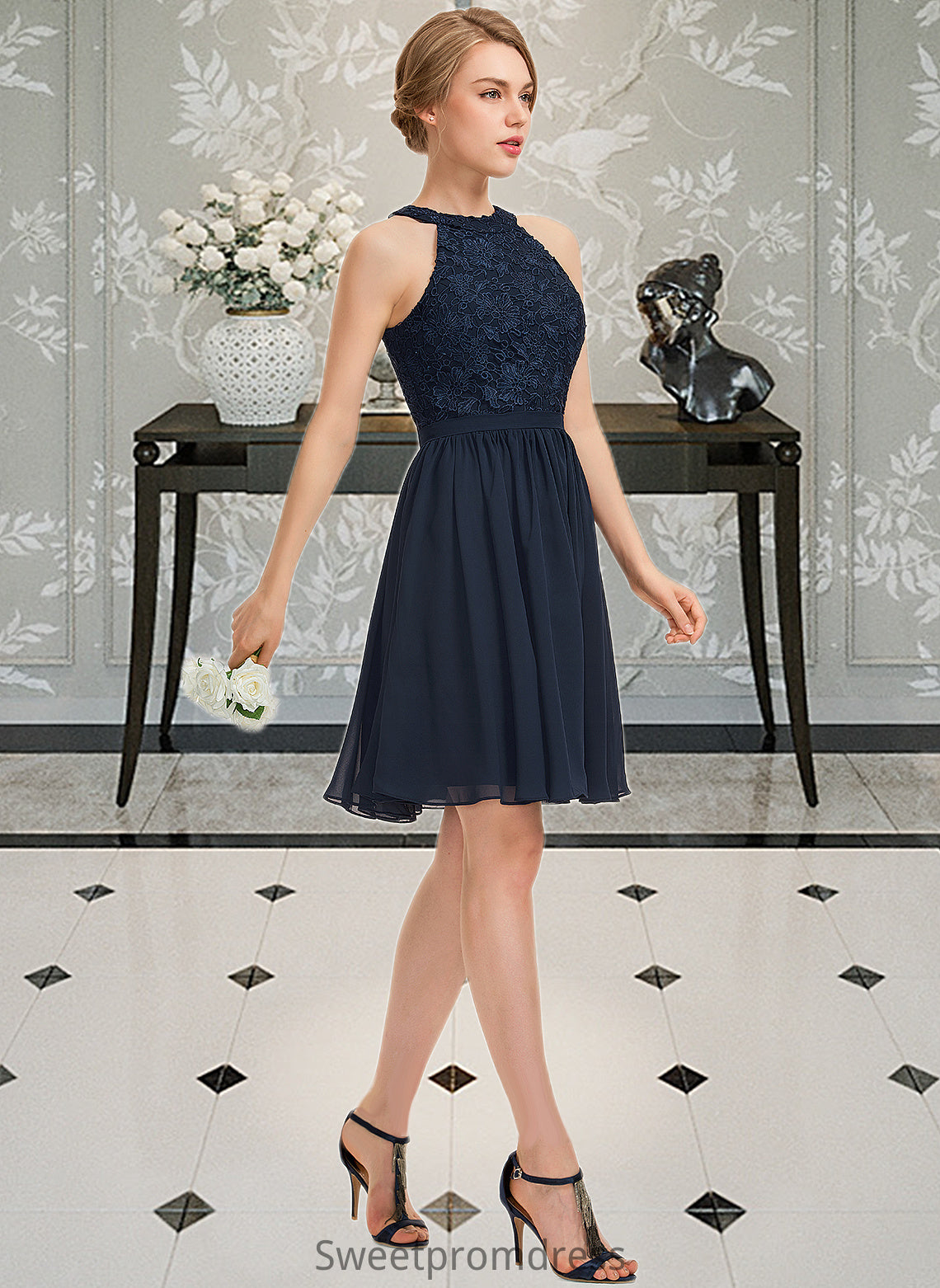 Estrella A-Line Scoop Neck Knee-Length Chiffon Lace Bridesmaid Dress With Ruffle DHP0013006