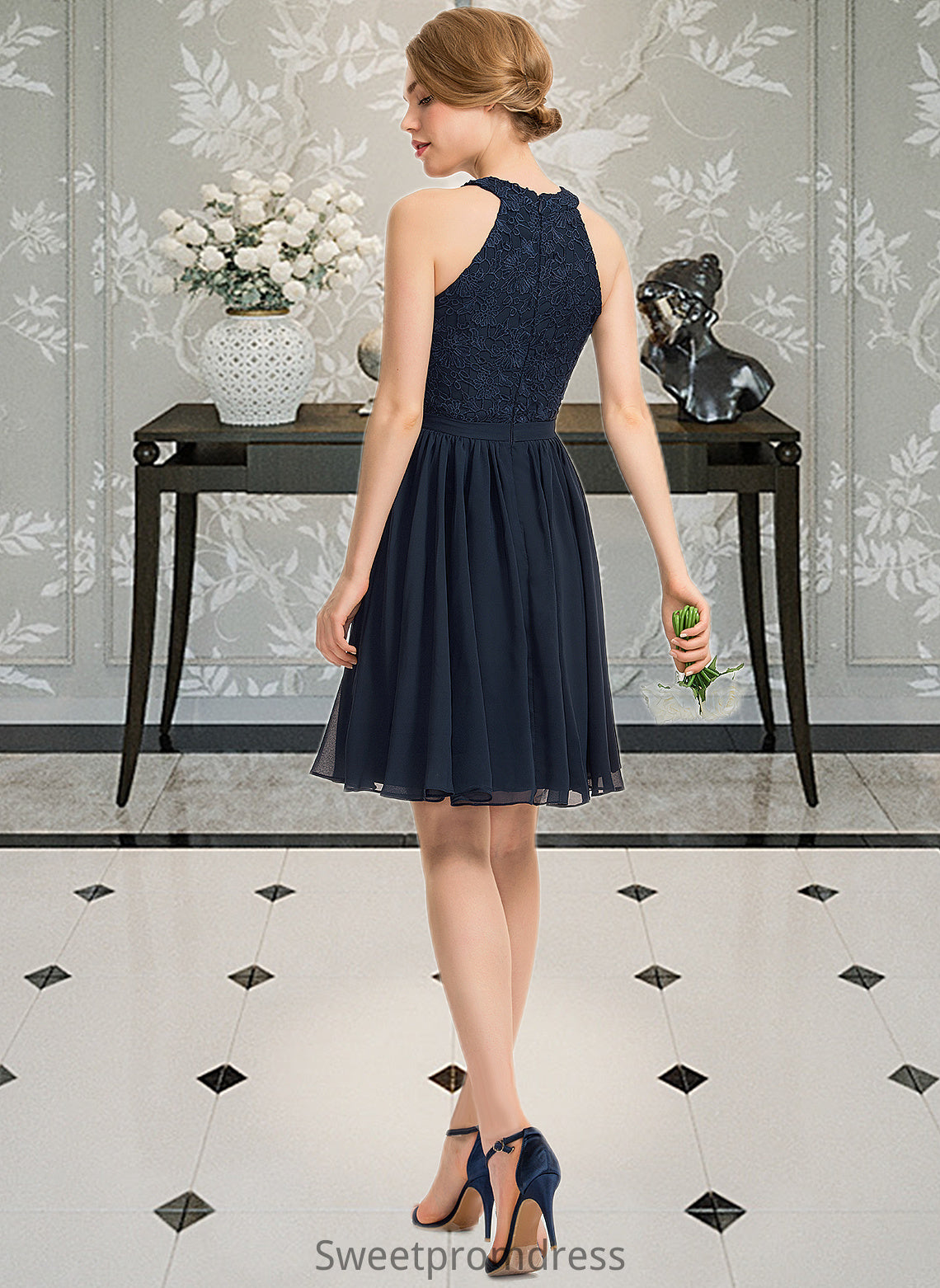 Estrella A-Line Scoop Neck Knee-Length Chiffon Lace Bridesmaid Dress With Ruffle DHP0013006