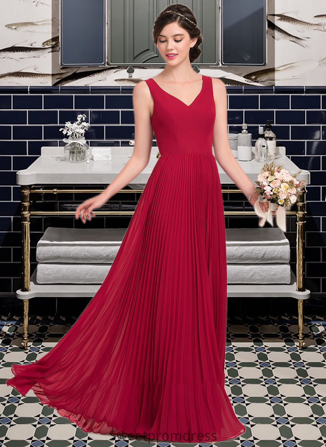 Kali A-Line V-neck Floor-Length Chiffon Bridesmaid Dress With Split Front Pleated DHP0013007