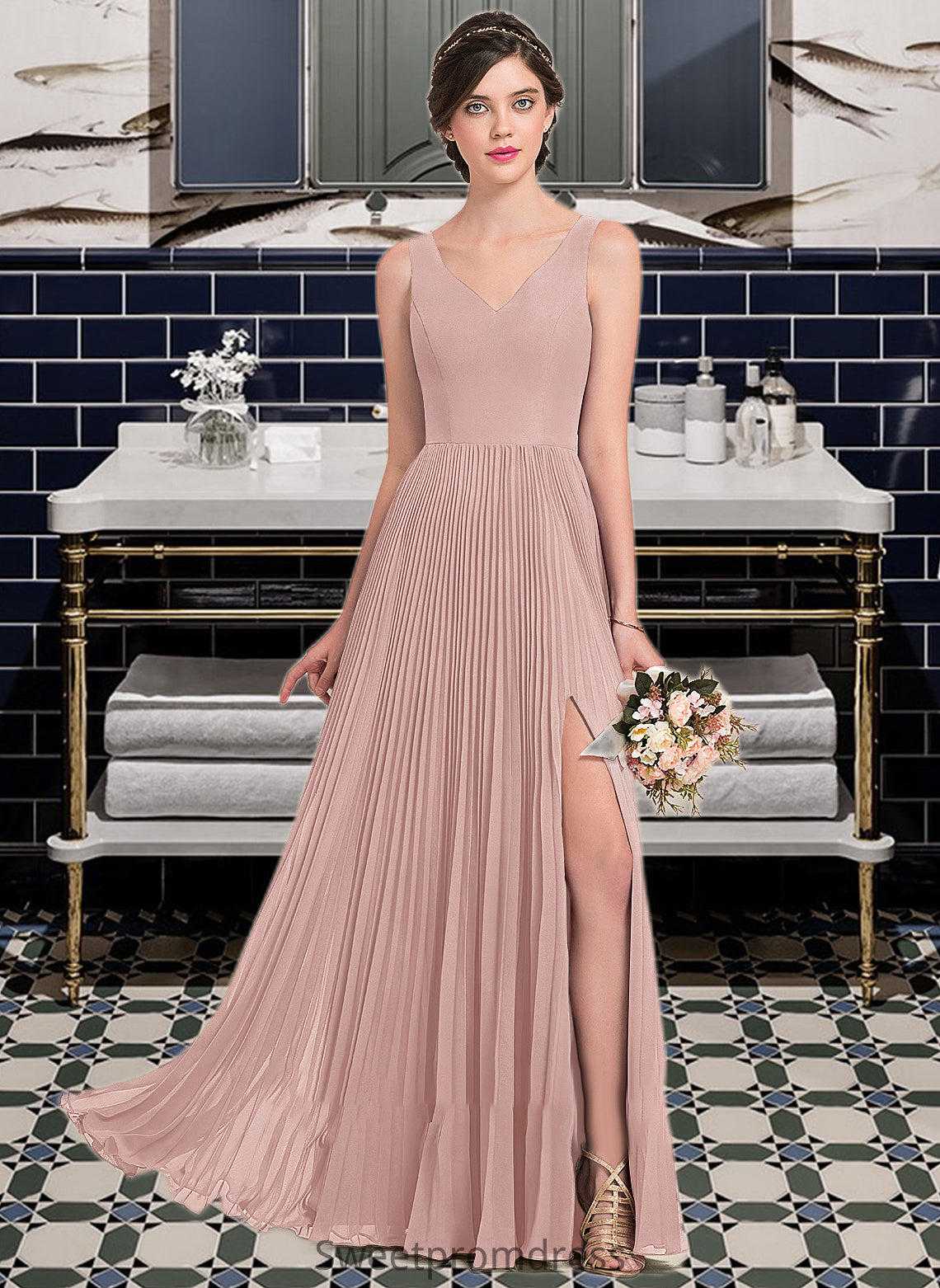 Kali A-Line V-neck Floor-Length Chiffon Bridesmaid Dress With Split Front Pleated DHP0013007