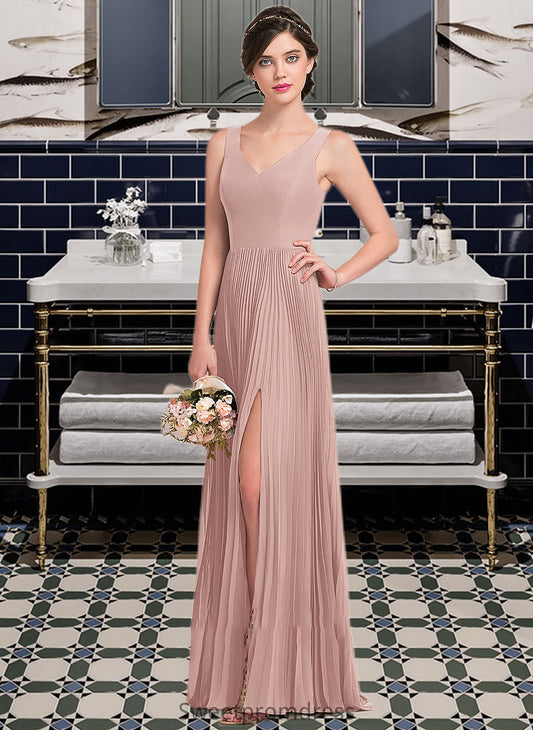 Kali A-Line V-neck Floor-Length Chiffon Bridesmaid Dress With Split Front Pleated DHP0013007