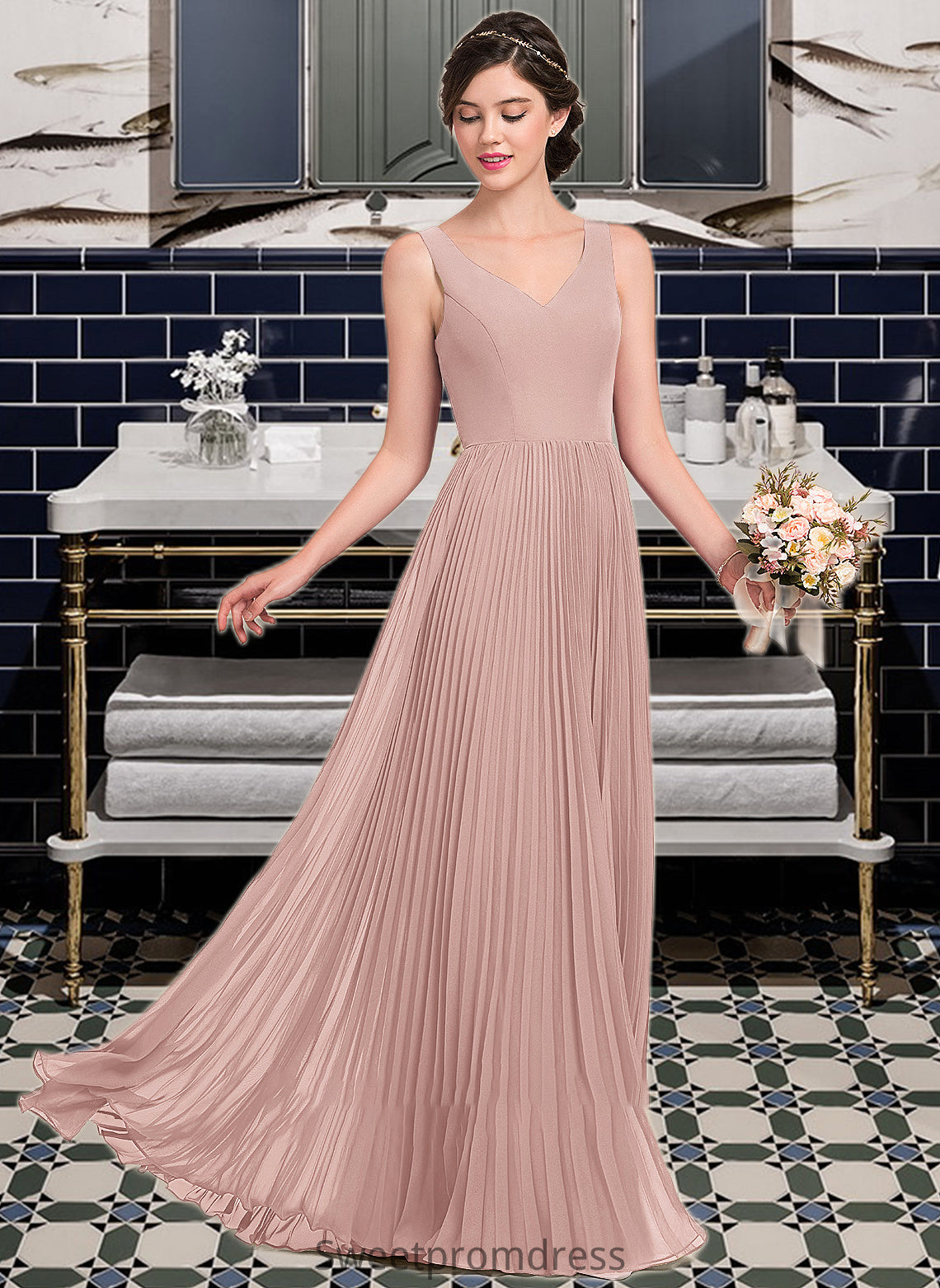 Kali A-Line V-neck Floor-Length Chiffon Bridesmaid Dress With Split Front Pleated DHP0013007