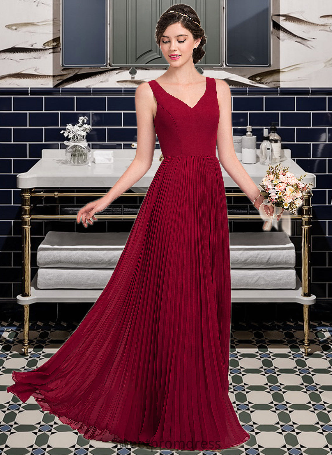 Kali A-Line V-neck Floor-Length Chiffon Bridesmaid Dress With Split Front Pleated DHP0013007