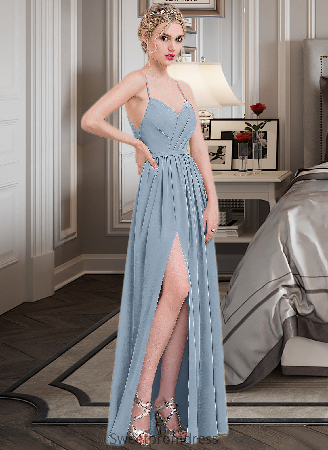 Emely A-Line Sweetheart Floor-Length Chiffon Bridesmaid Dress With Ruffle Split Front DHP0013008