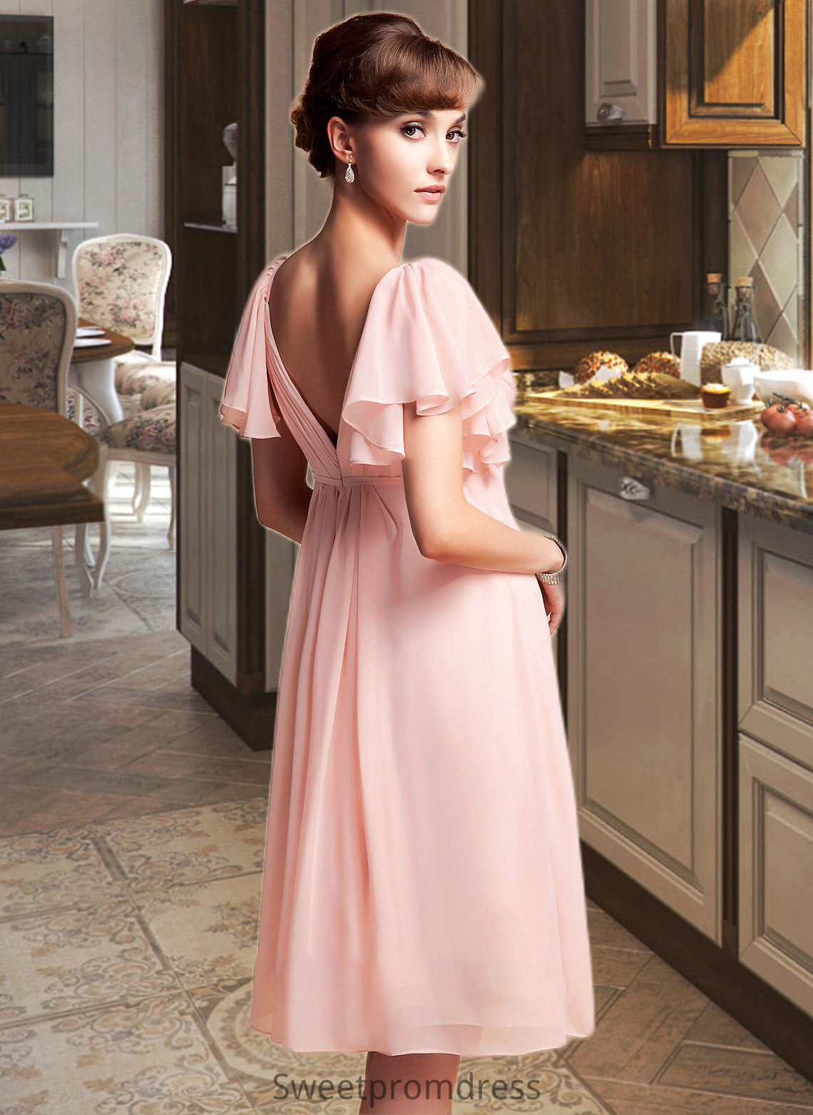 Sue Empire Sweetheart Knee-Length Chiffon Bridesmaid Dress With Cascading Ruffles DHP0013009