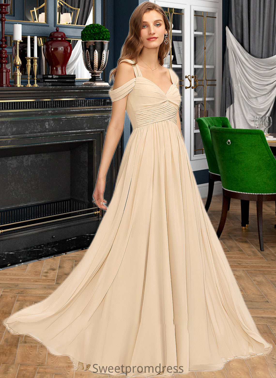 Elizabeth A-Line V-neck Floor-Length Chiffon Bridesmaid Dress With Ruffle DHP0013011