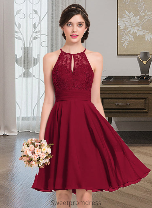 Lila A-Line Scoop Neck Knee-Length Chiffon Lace Bridesmaid Dress With Ruffle Bow(s) DHP0013012