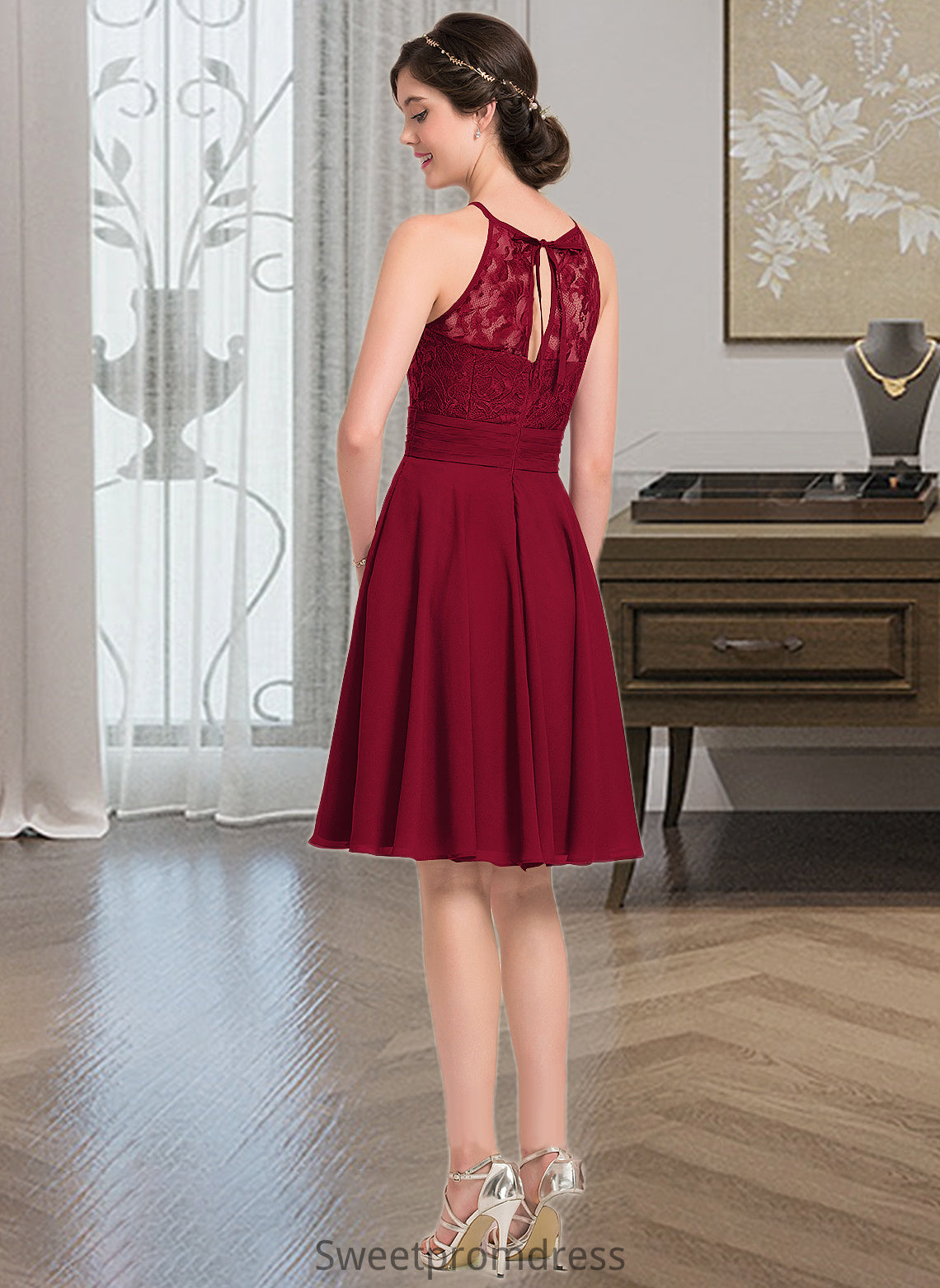 Lila A-Line Scoop Neck Knee-Length Chiffon Lace Bridesmaid Dress With Ruffle Bow(s) DHP0013012