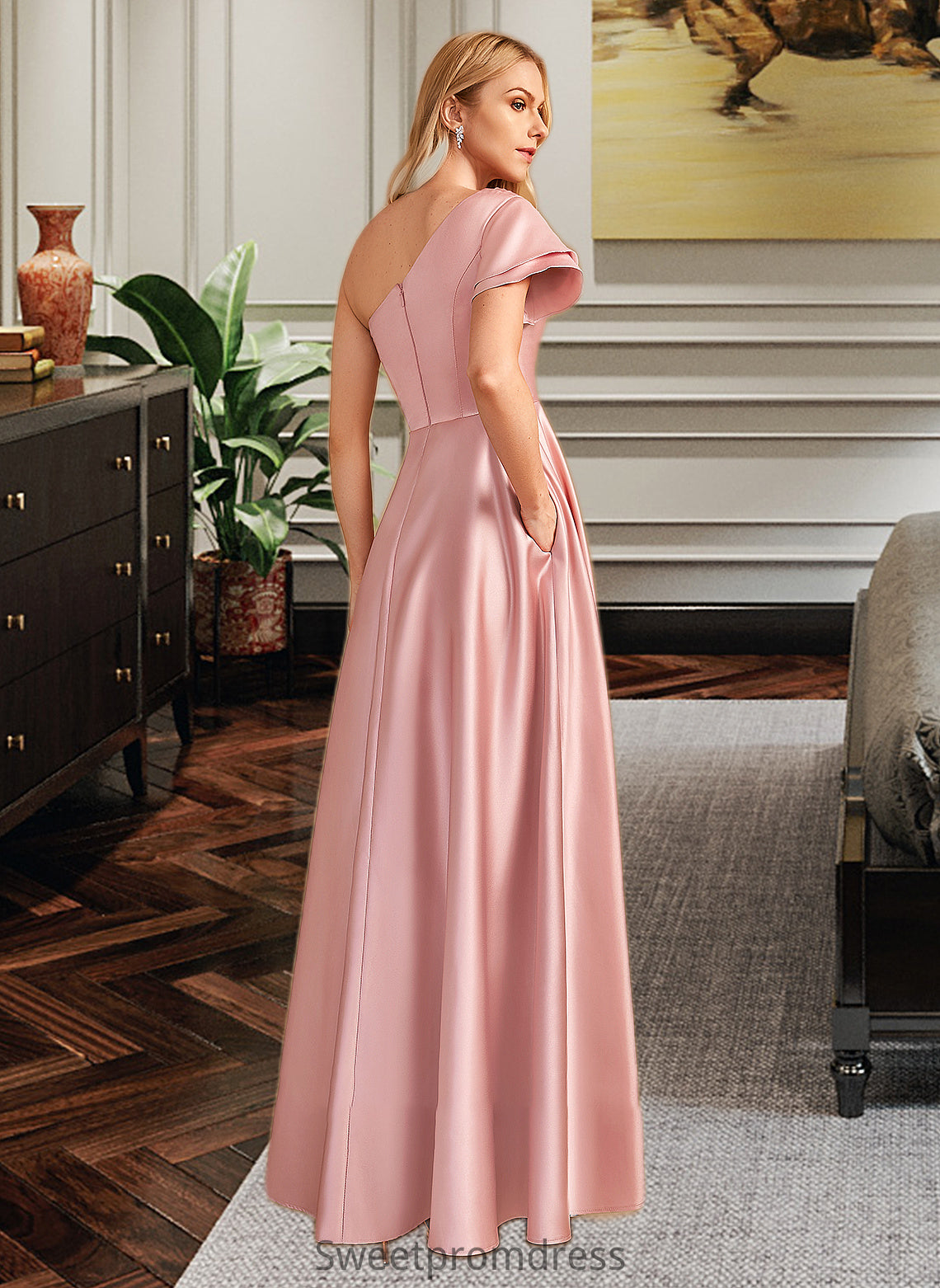 Hailie A-Line One-Shoulder Floor-Length Bridesmaid Dress With Split Front DHP0013013