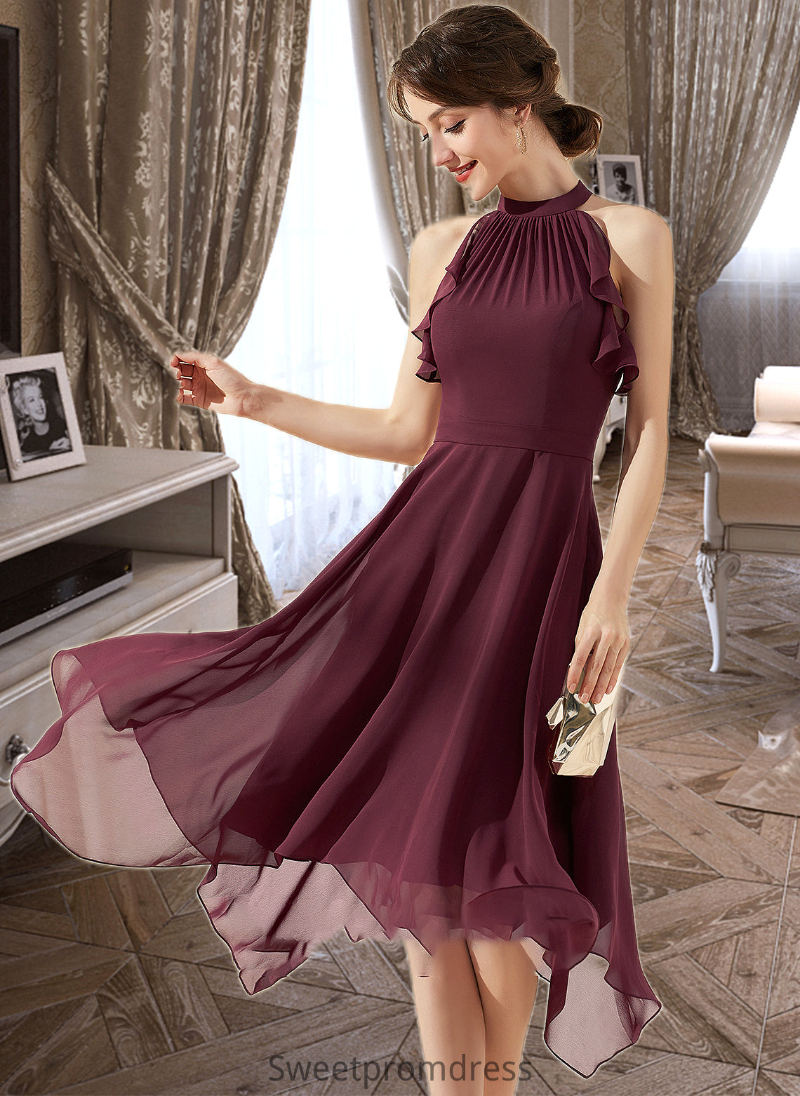 Catalina A-Line Scoop Neck Tea-Length Chiffon Bridesmaid Dress With Cascading Ruffles DHP0013016